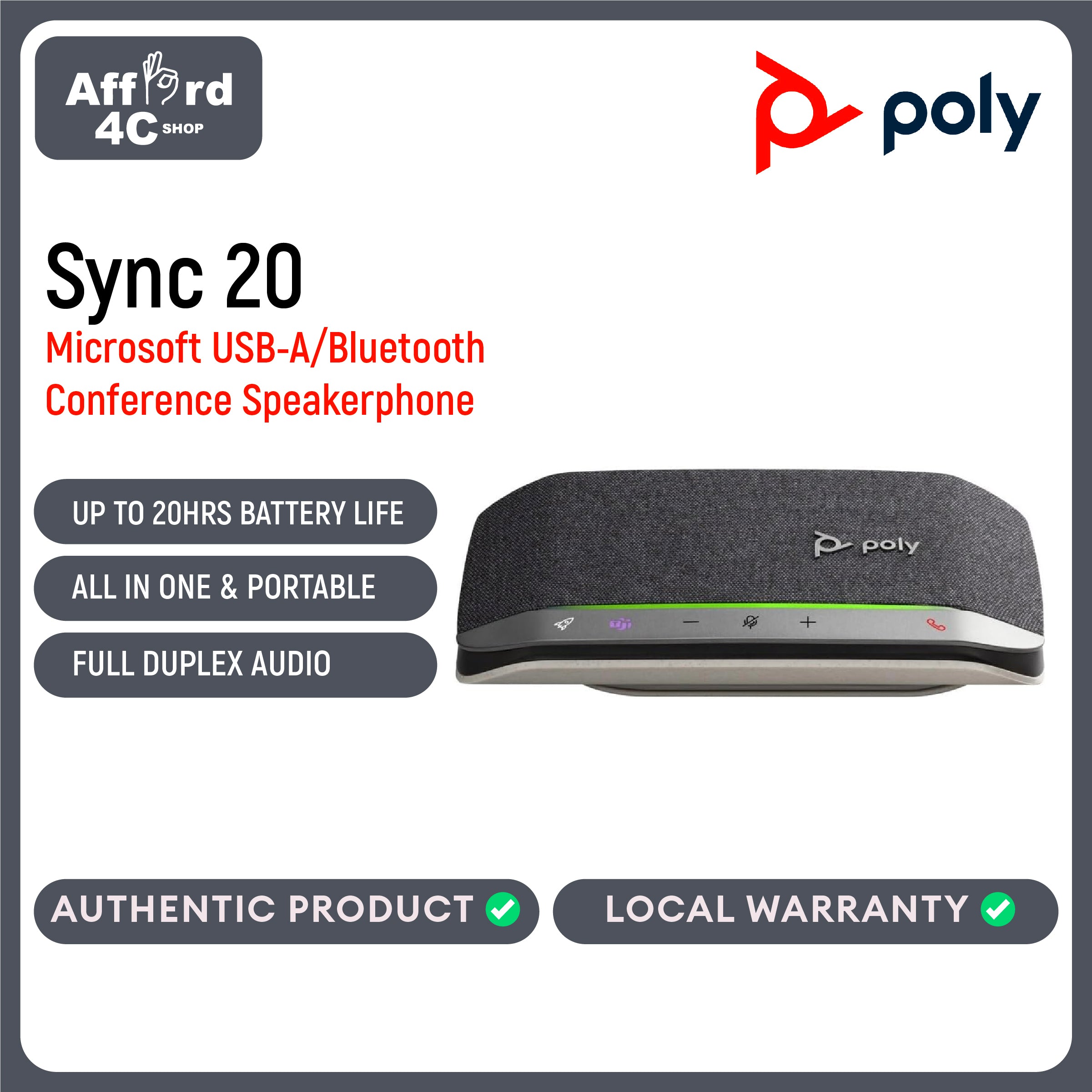 Poly Sync 20, Microsoft, USB-A/Bluetooth Smart Conference Speakerphone