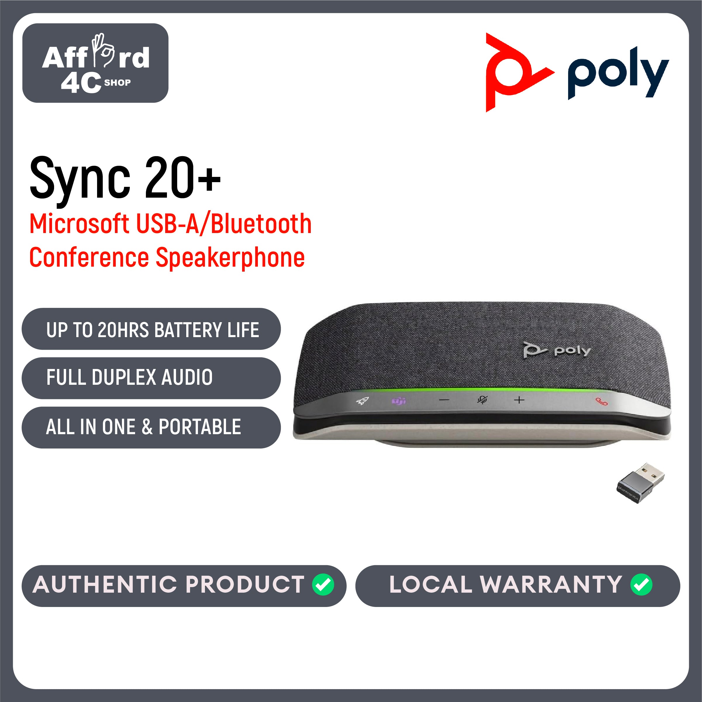 Poly Sync 20+, Microsoft, Smart Conference Speakerphone With BT600 USB-A Wireless Adapter