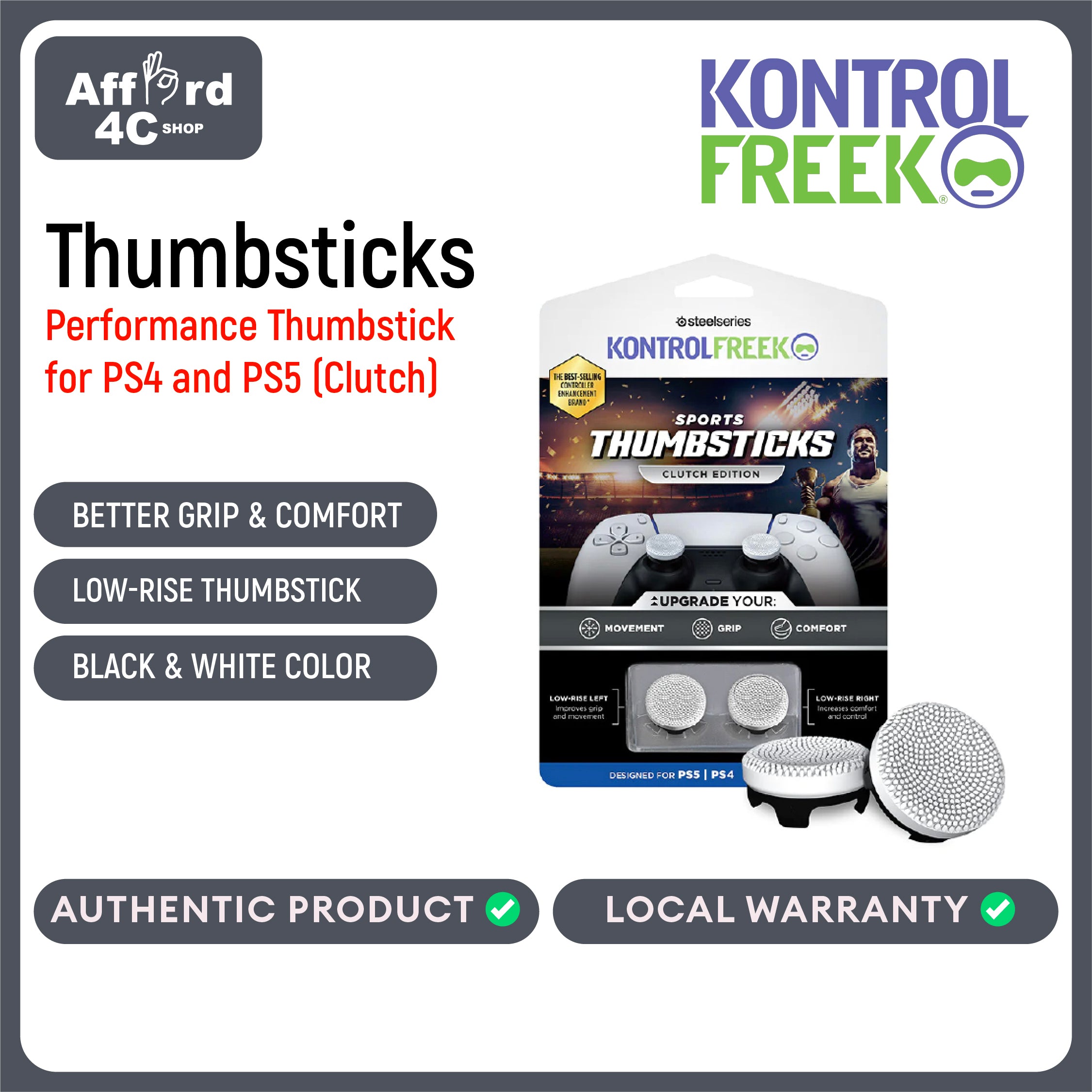 KontrolFreek Clutch Performance Thumbstick for Playstation PS4 and PS5 Black & White