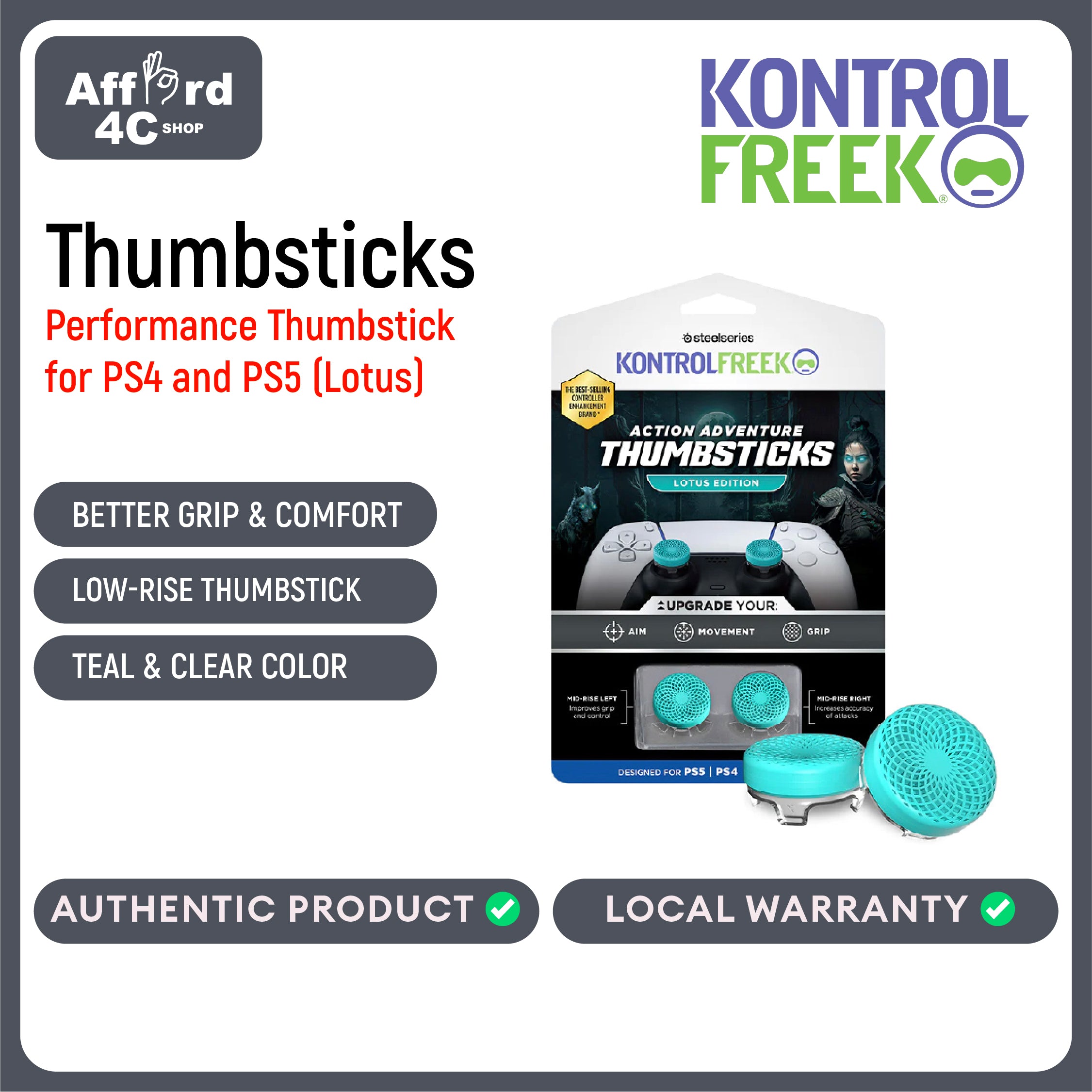 KontrolFreek Lotus Performance Thumbsticks for Playstation PS4 and PS5 Teal/Clear