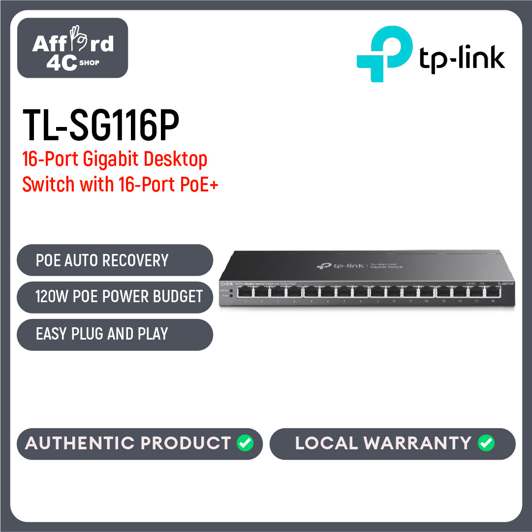 TP-Link TL-SG116P 16-Port Gigabit Desktop Switch with 16-Port PoE+