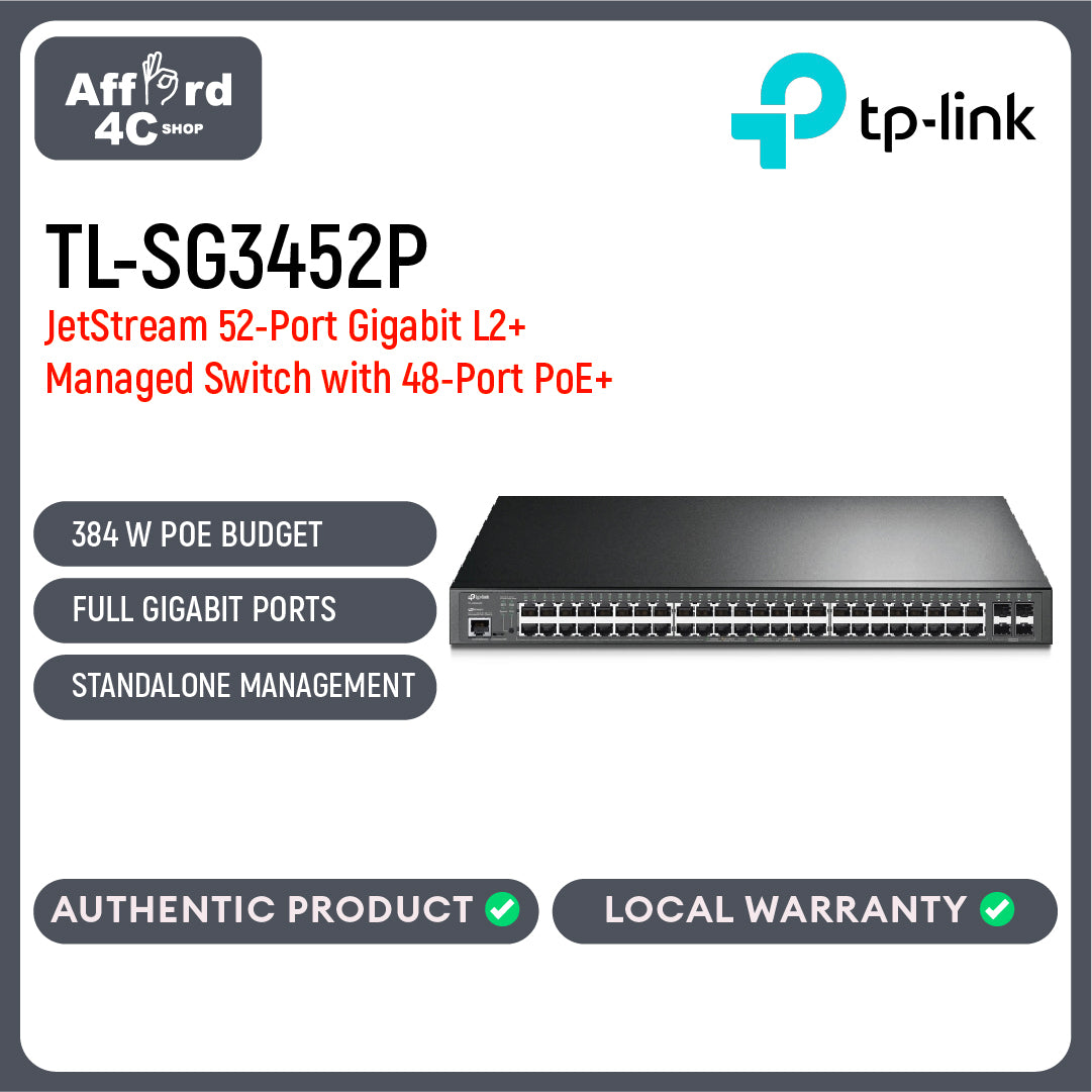 TP-Link TL-SG3452P JetStream 52-Port Gigabit L2+ Managed Switch with 48-Port PoE+