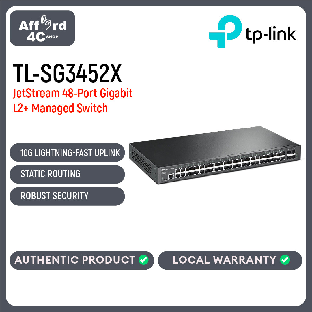 TP-Link TL-SG3452X JetStream 48-Port Gigabit L2+ Managed Switch with 4 10GE SFP+ Slots
