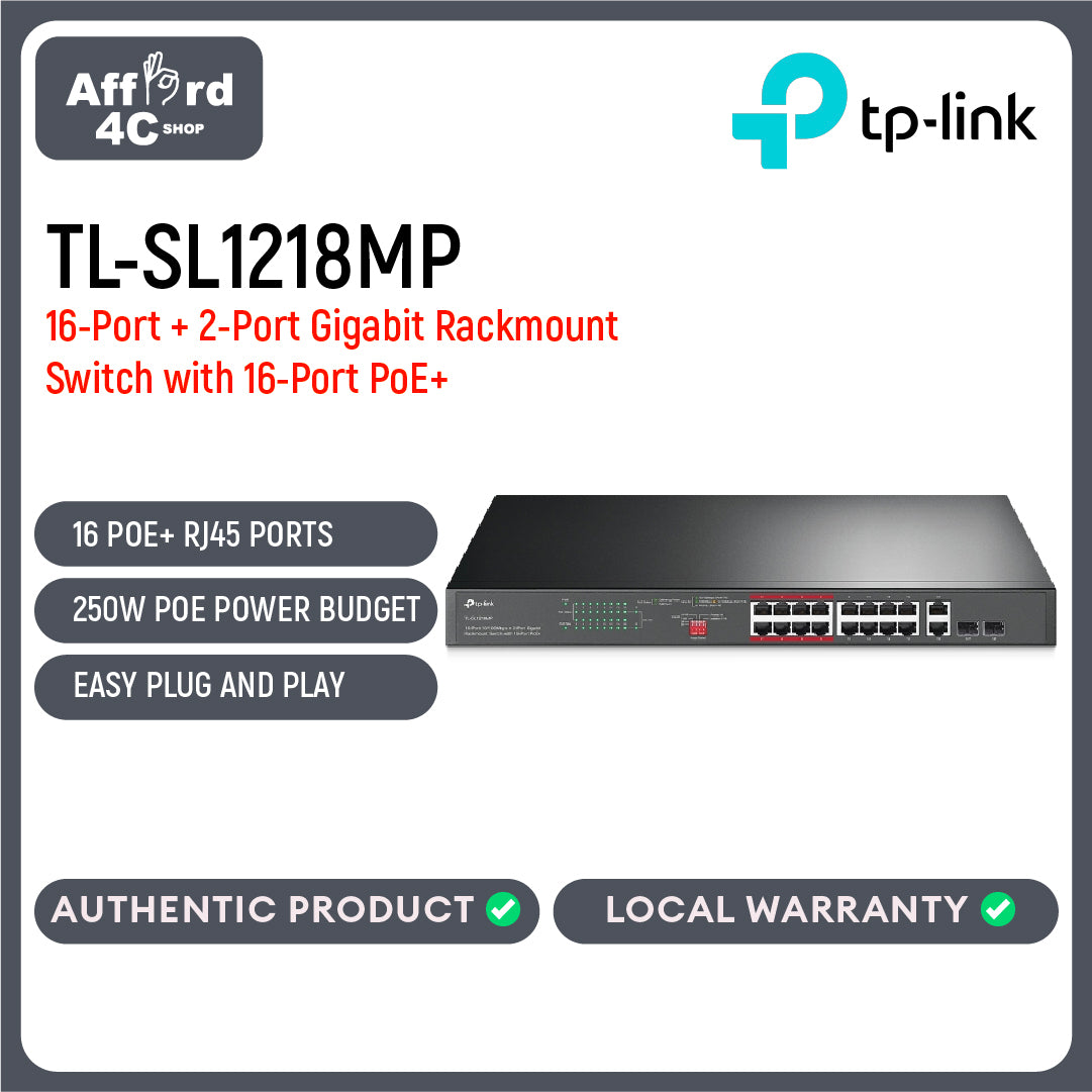 TP-Link TL-SL1218MP 16-Port 10/100 Mbps + 2-Port Gigabit Rackmount Switch with 16-Port PoE+