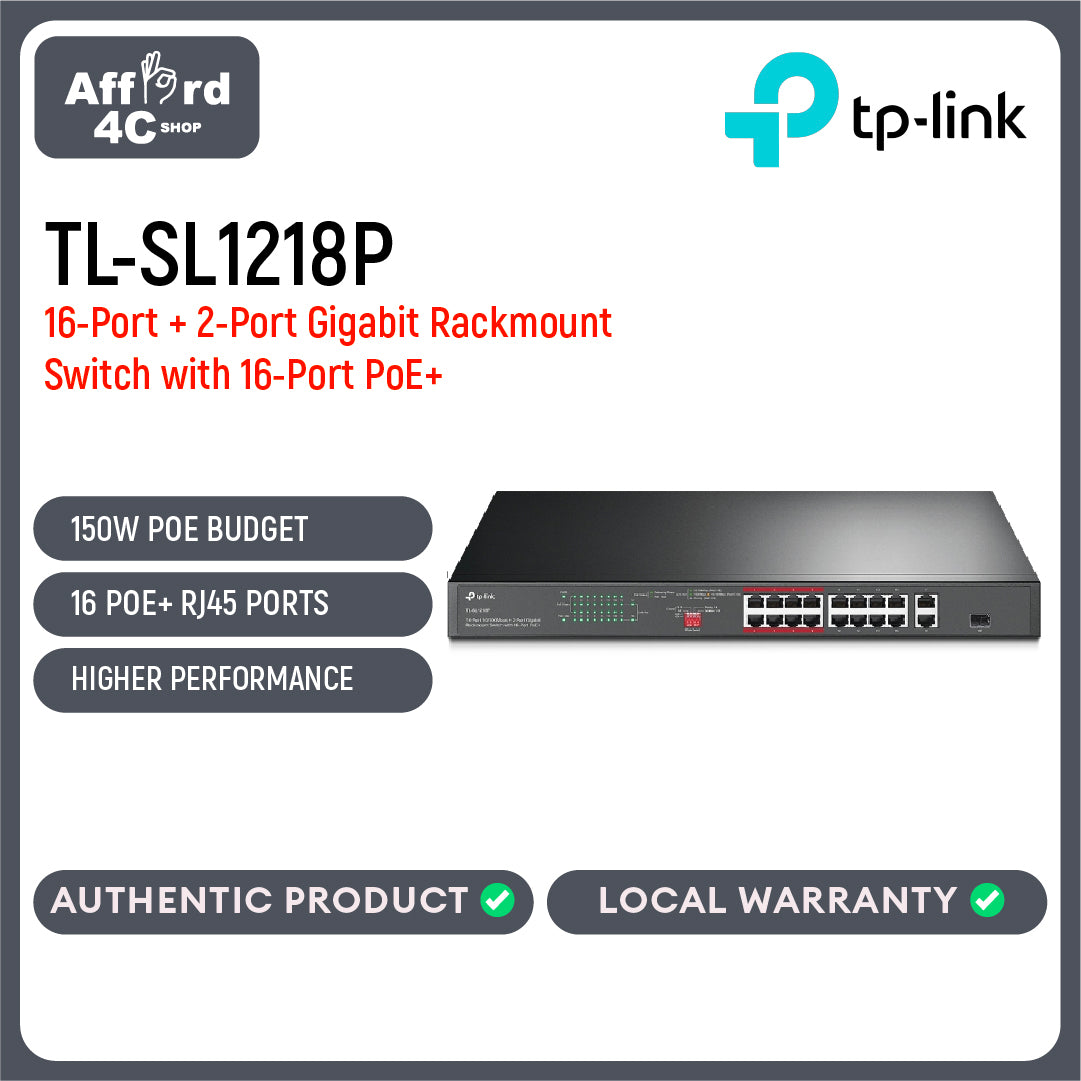 TP-Link TL-SL1218P 16-Port 10/100 Mbps + 2-Port Gigabit Rackmount Switch with 16-Port PoE+