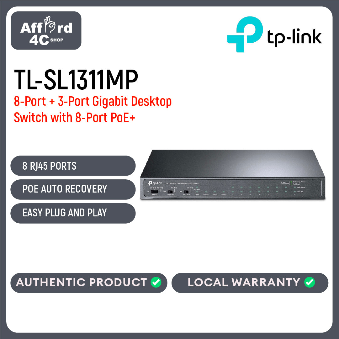 TP-Link TL-SL1311MP 8-Port 10/100Mbps + 3-Port Gigabit Desktop Switch with 8-Port PoE+