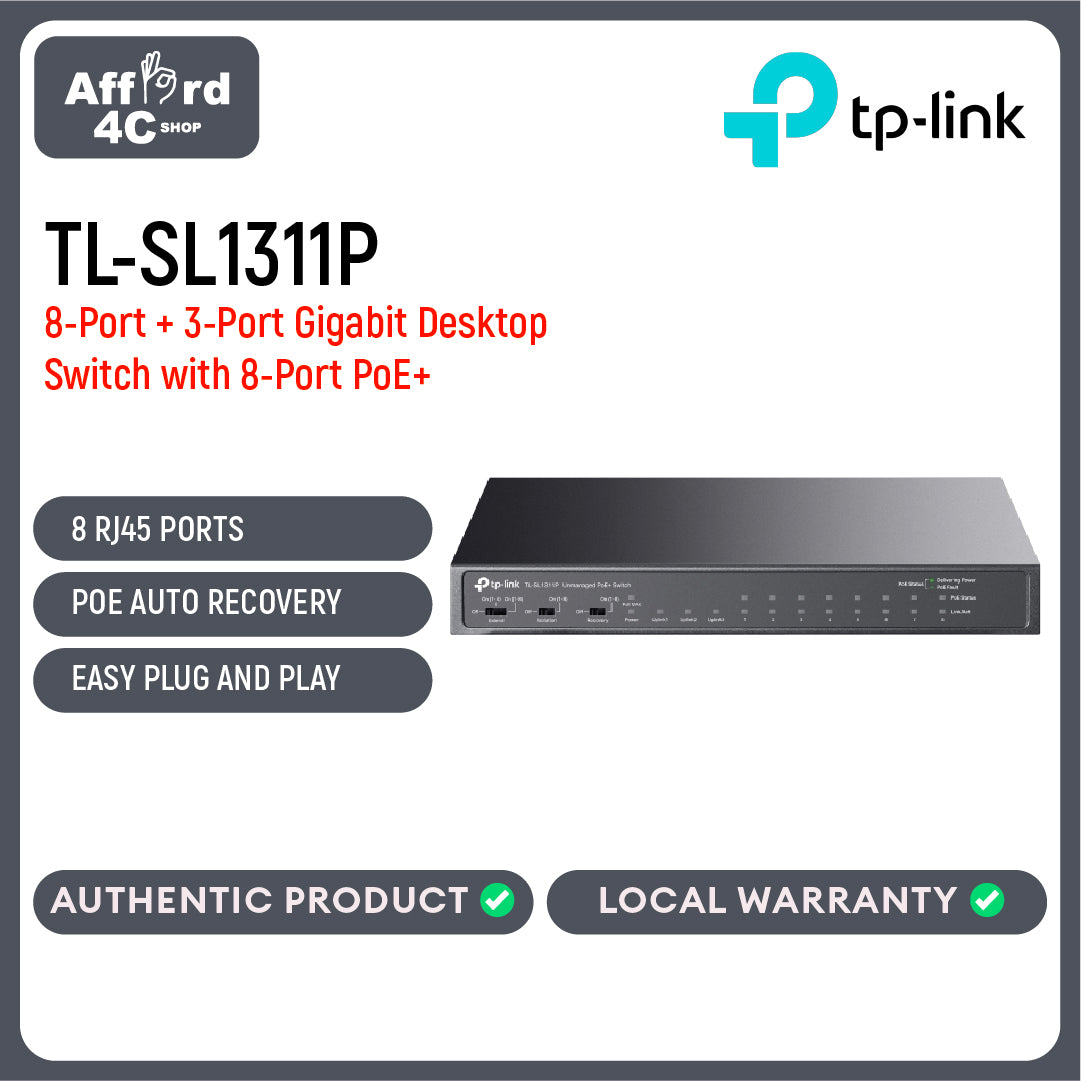 TP-Link TL-SL1311P 8-Port 10/100Mbps + 3-Port Gigabit Desktop Switch with 8-Port PoE+