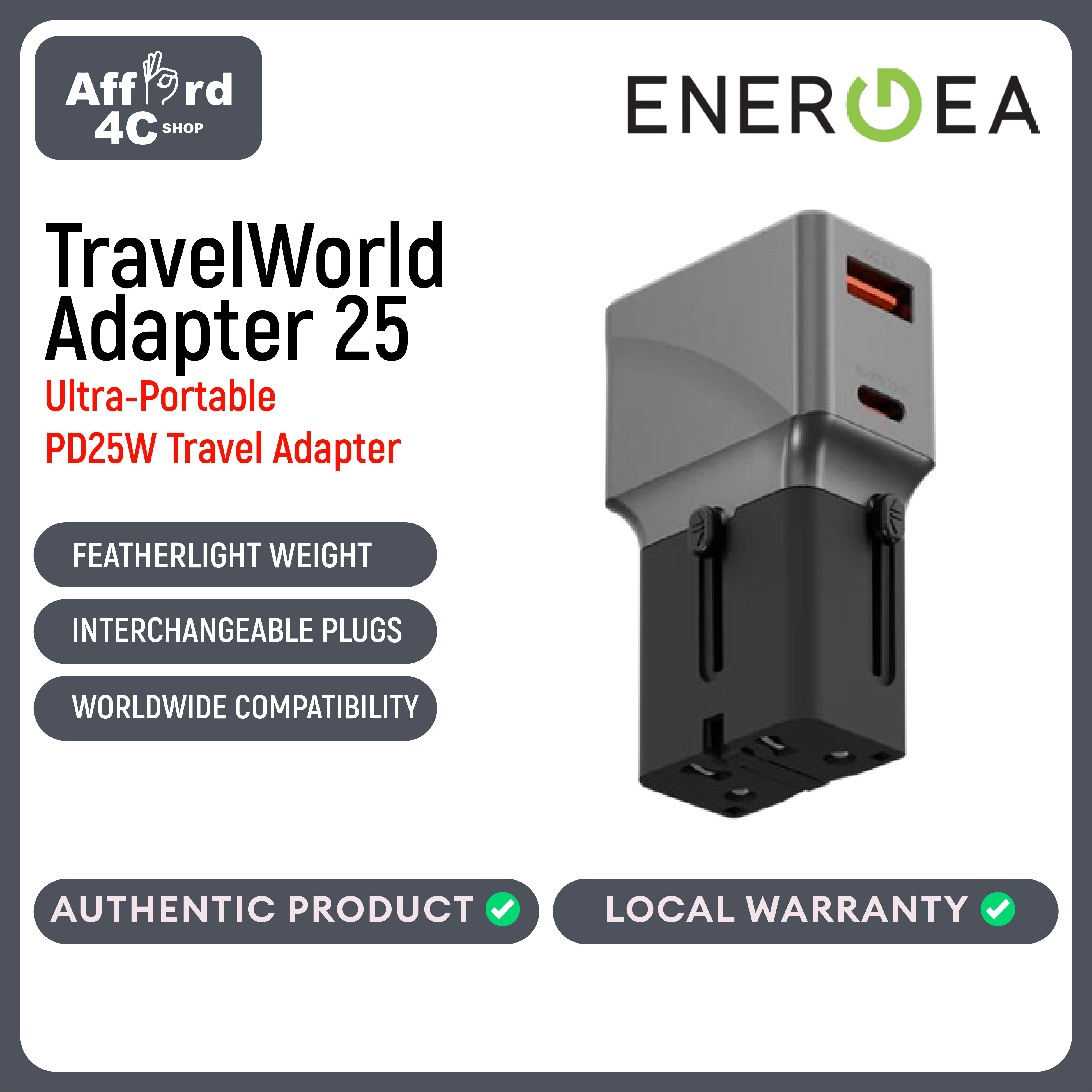Energea TravelWorld Adapter 25, 1A1C 25W - Gunmetal Black