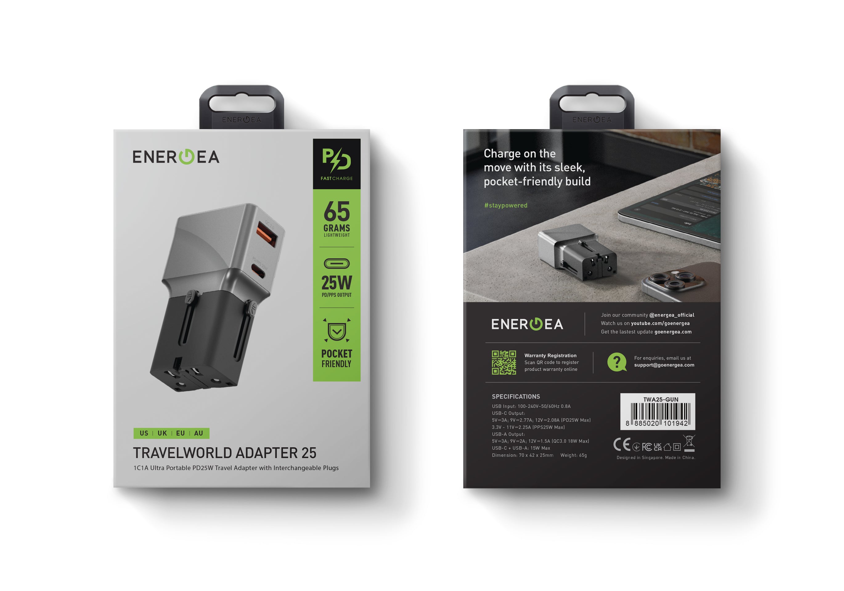 Energea TravelWorld Adapter 25, 1A1C 25W - Gunmetal Black