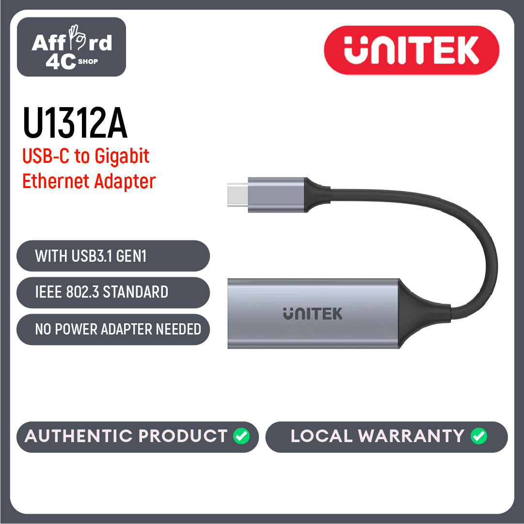 Unitek U1312A USB-C Male to Gigabit Ethernet Adapter Cable Connector