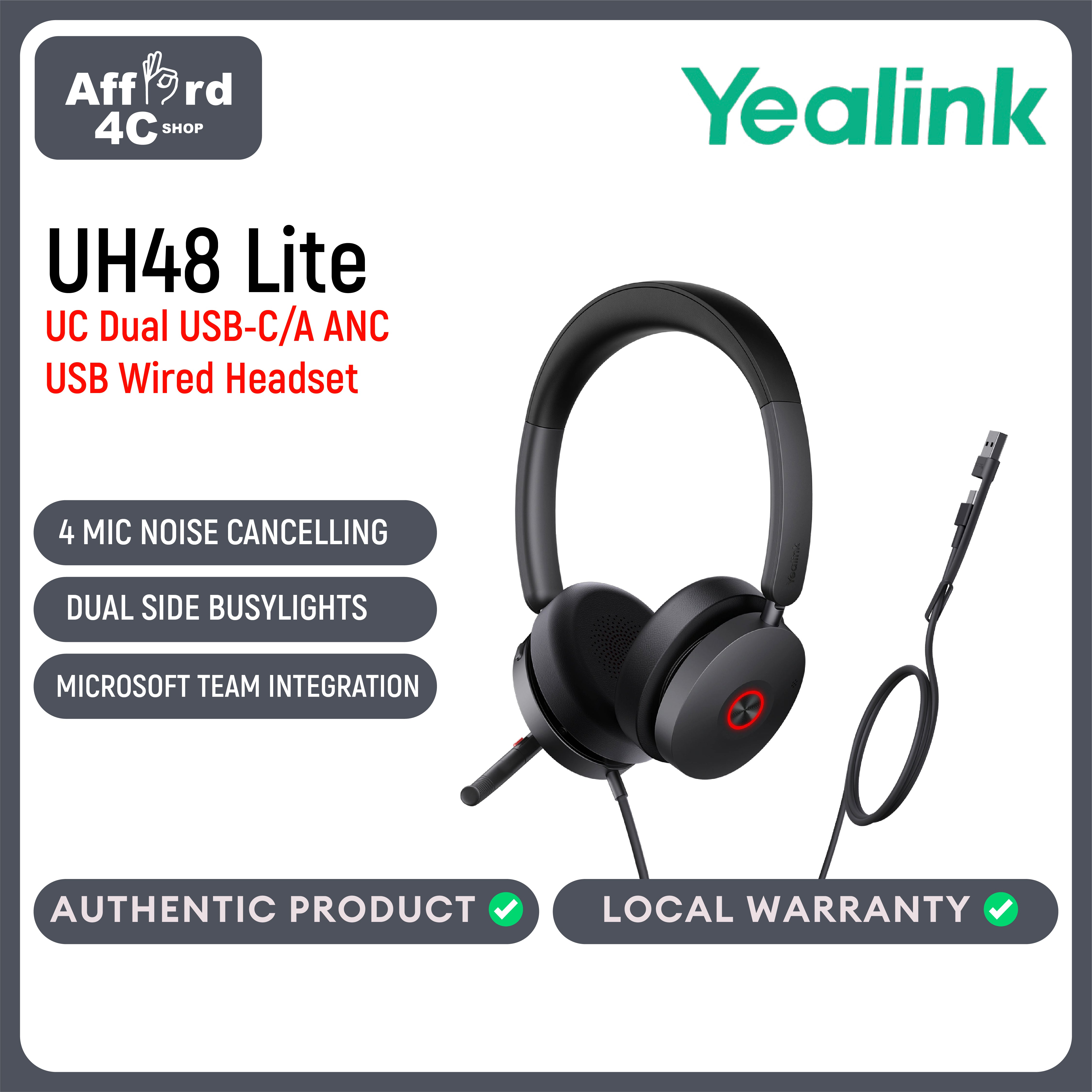 Yealink UH48 Dual MS UC USB-C/A USB Stereo Wired Headset Hybrid ANC, HD Audio, Dynamic EQ