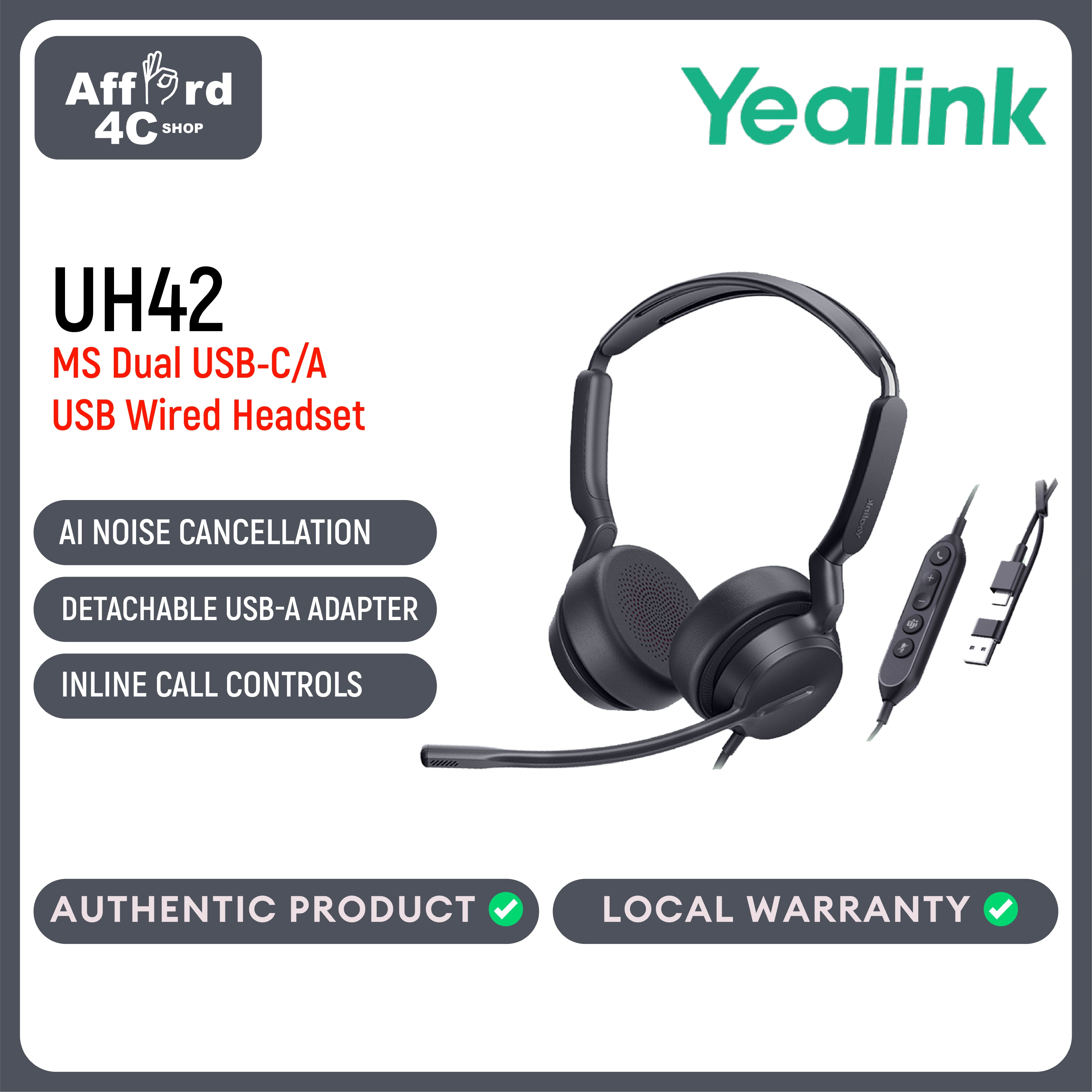 Yealink UH42 Dual MS Teams UC USB-C/A Stereo Wired Headset AI Noise Cancelling, Call Control, HD Audio