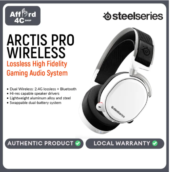 SteelSeries Arctis Pro Wireless Gaming Headset - Lossless High Fidelity Wireless + Bluetooth for PS4 and PC - White