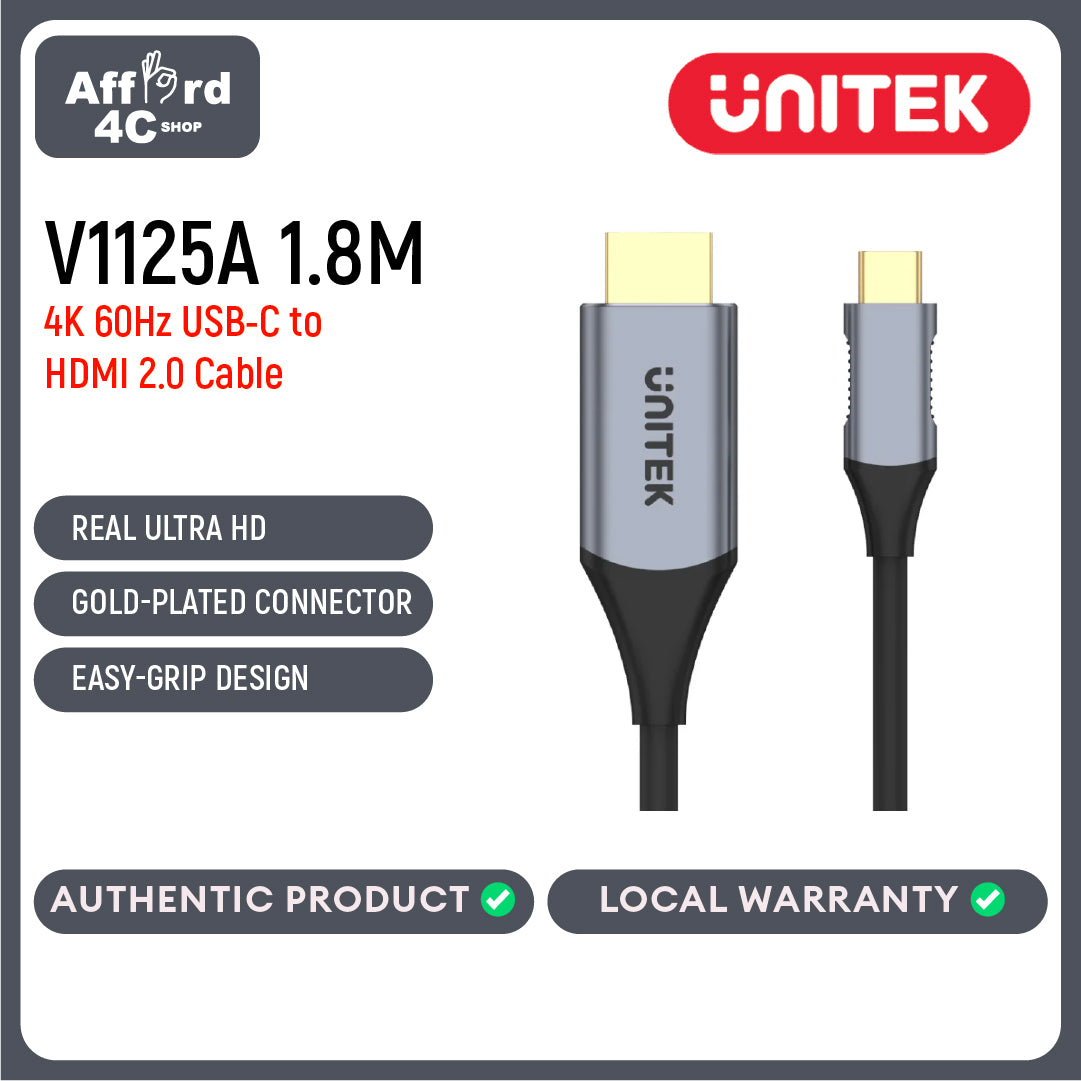 Unitek V1125A 1.8M USB-C Male to HDMI Male 4K Cable Connector