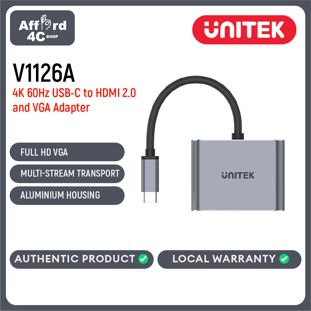 Unitek V1126A USB-C Male to HDMI + VGA Adapter with MST Dual Monitor Cable Connector