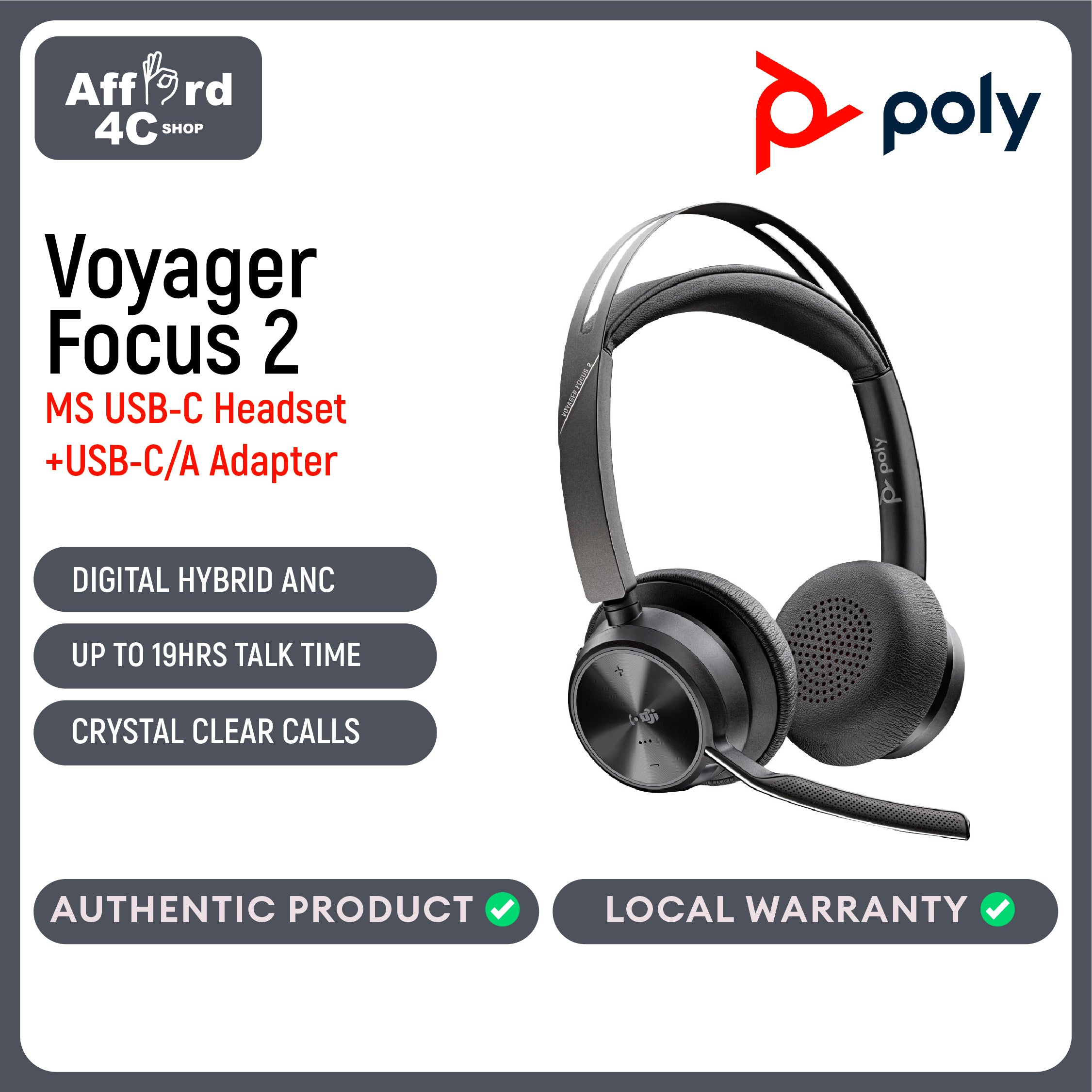 Poly Voyager Focus 2 MS Teams Certified USB-C-C Headset +USB-C/A Adapter