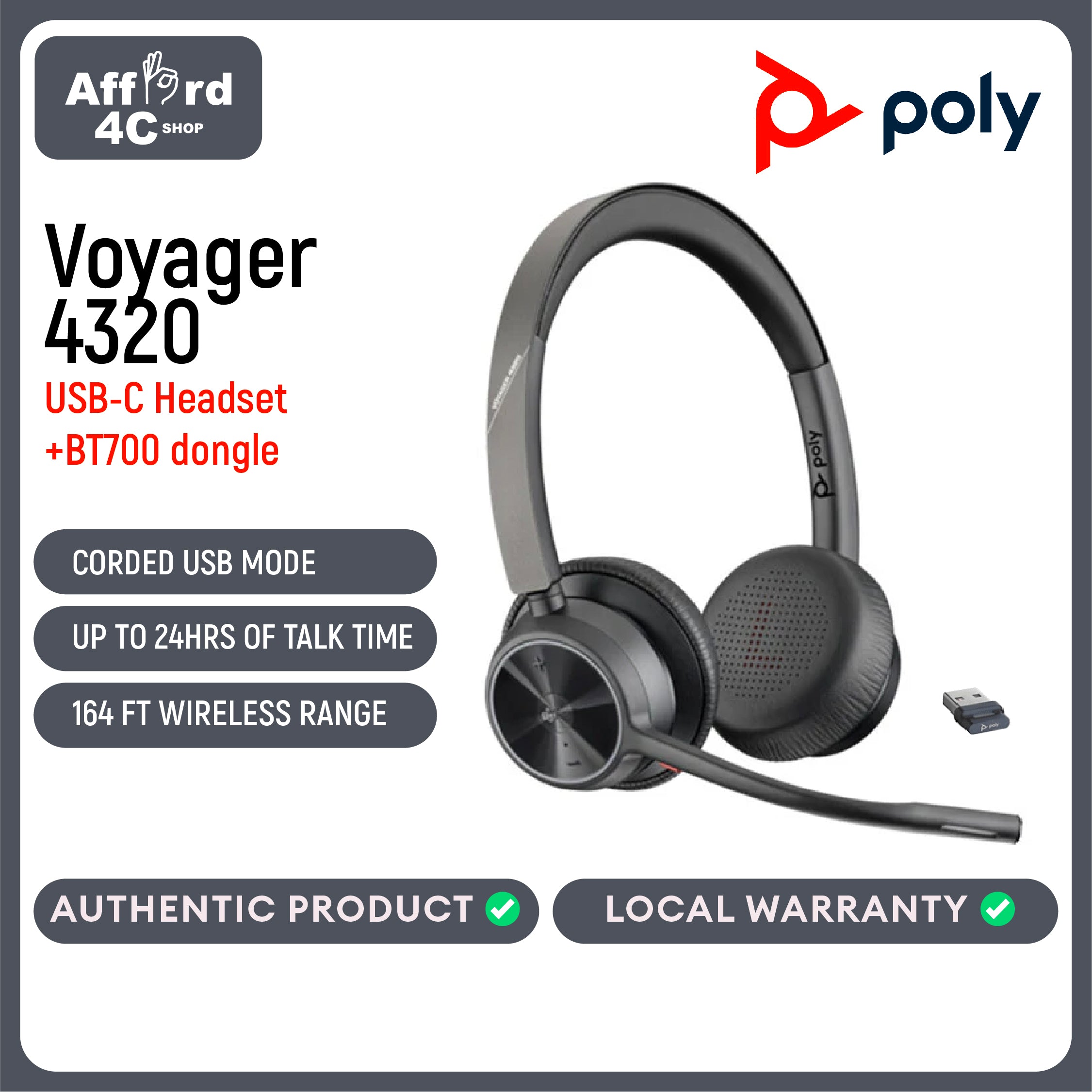 Poly Voyager 4320 USB-C Headset +BT700 dongle