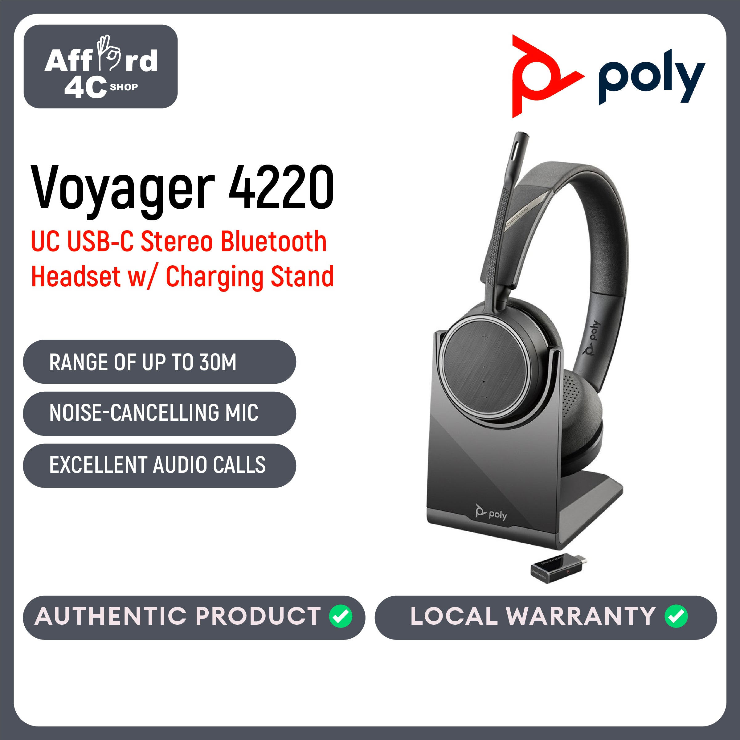 Plantronics Voyager 4220 UC USB-C Stereo Bluetooth Headset with Chargi