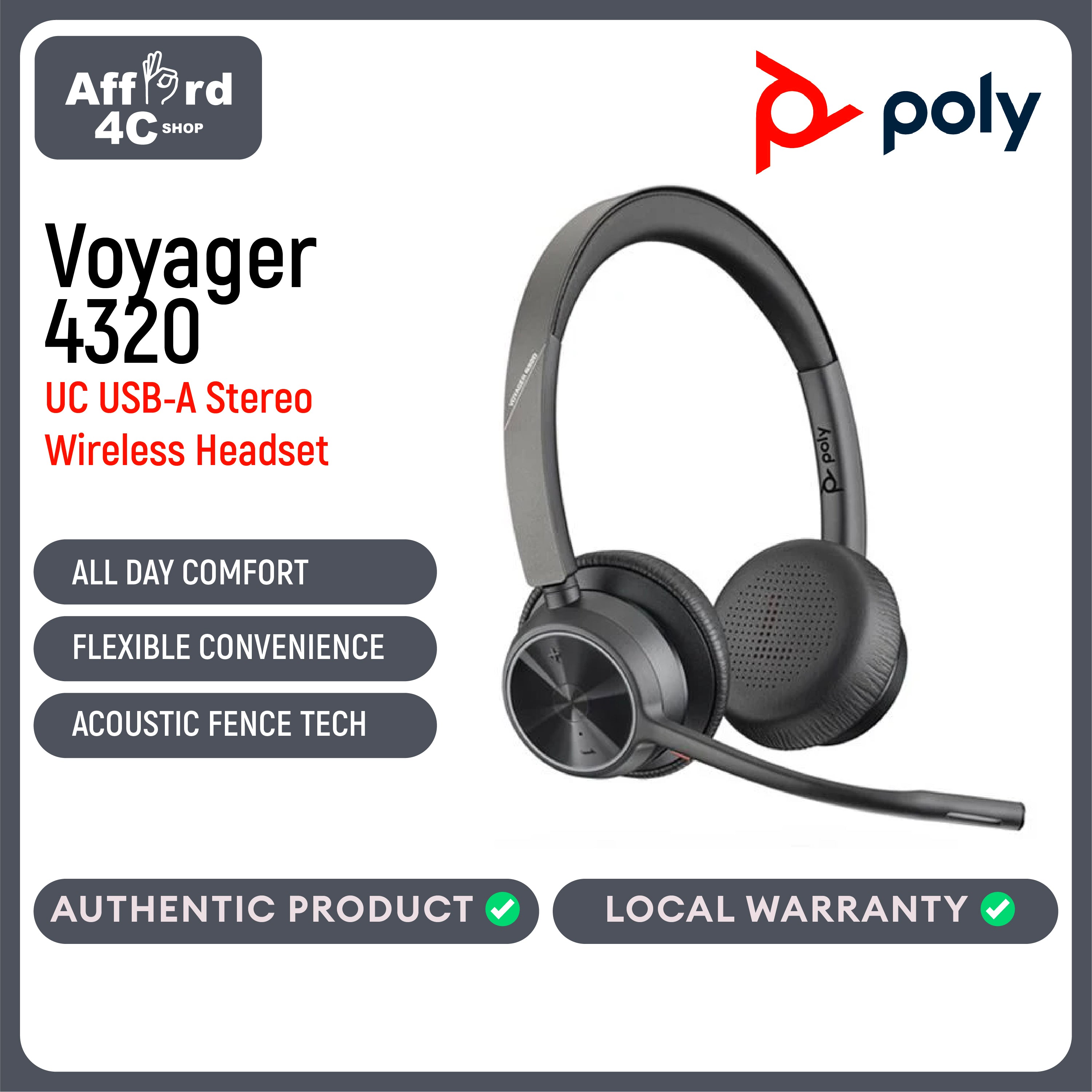 Poly - Voyager 4320 UC Wireless Headset (Plantronics) - Headphones with Boom Mic - Connect to PC/Mac