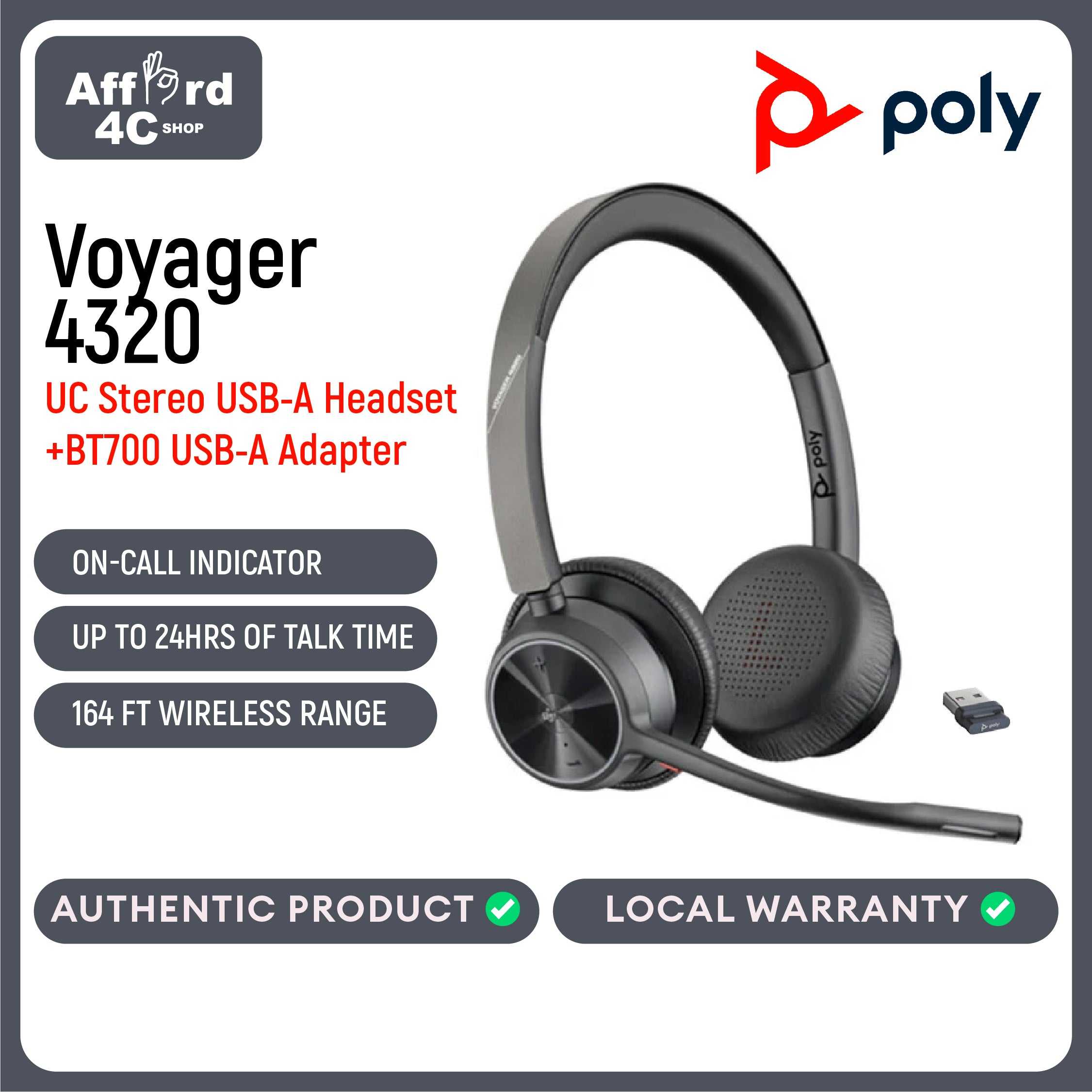 Poly Voyager 4320 UC Stereo USB-A Headset +BT700 USB-A Adapter (UC)