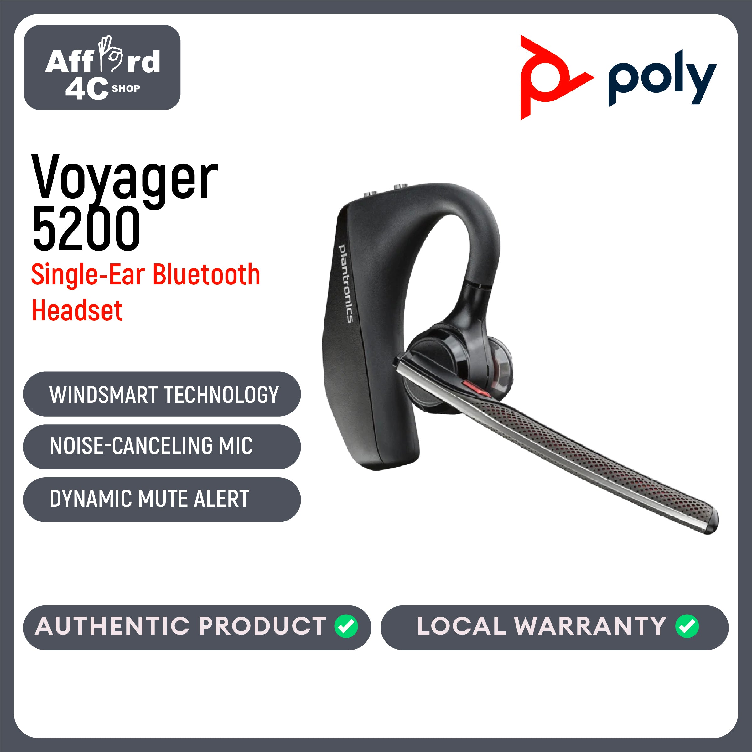 Poly Voyager 5200 Bluetooth Headset (Plantronics) - Single-Ear (Mono) Bluetooth Earpiece with Noise Canceling Mic - Cell/Mobile Phone Headset