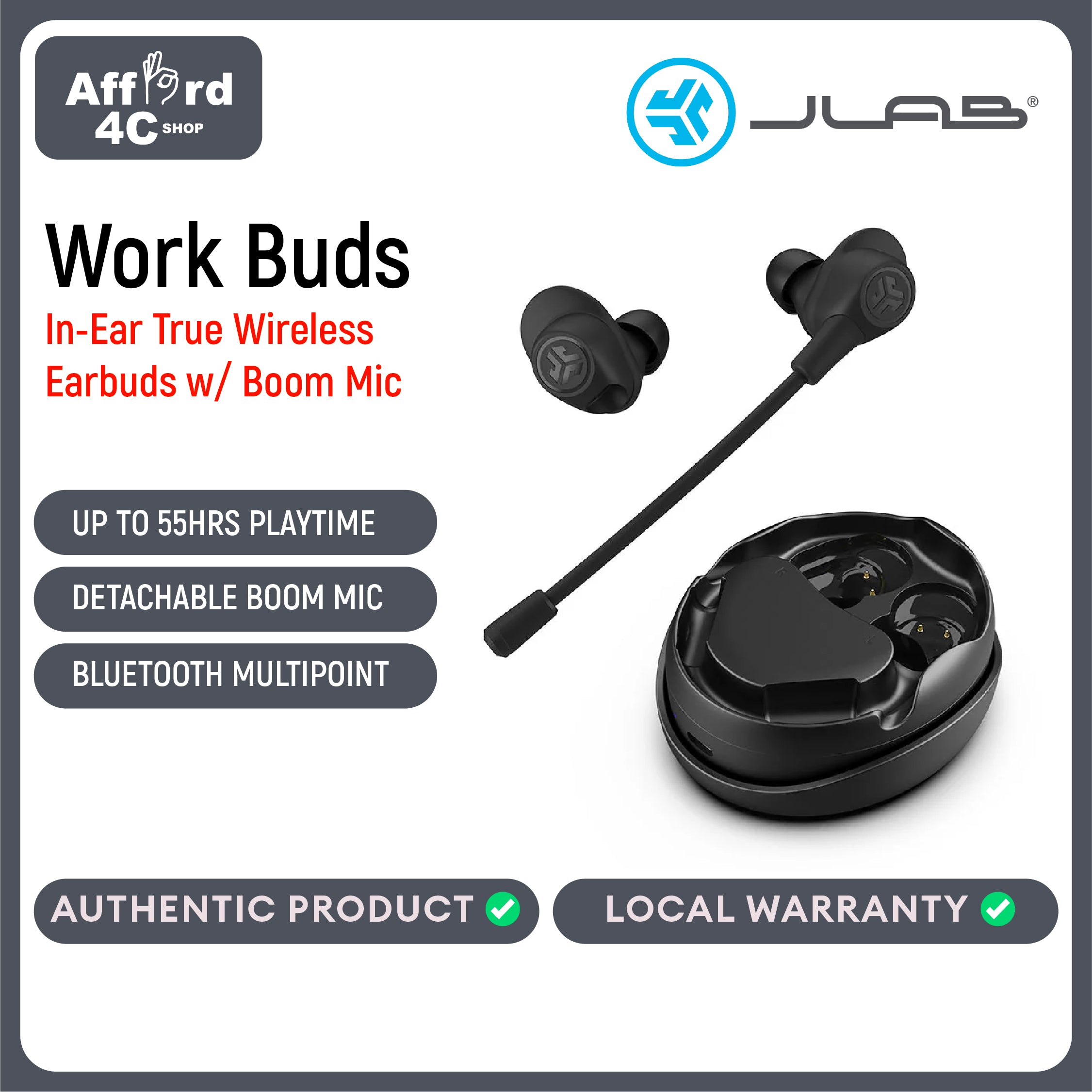 JLab Work Buds in-Ear True Wireless Headset with Detachable Noise-Canceling Boom Mic Long 55+ Total Hours Playtime Bluetooth Multipoint USB-C Charging Dock