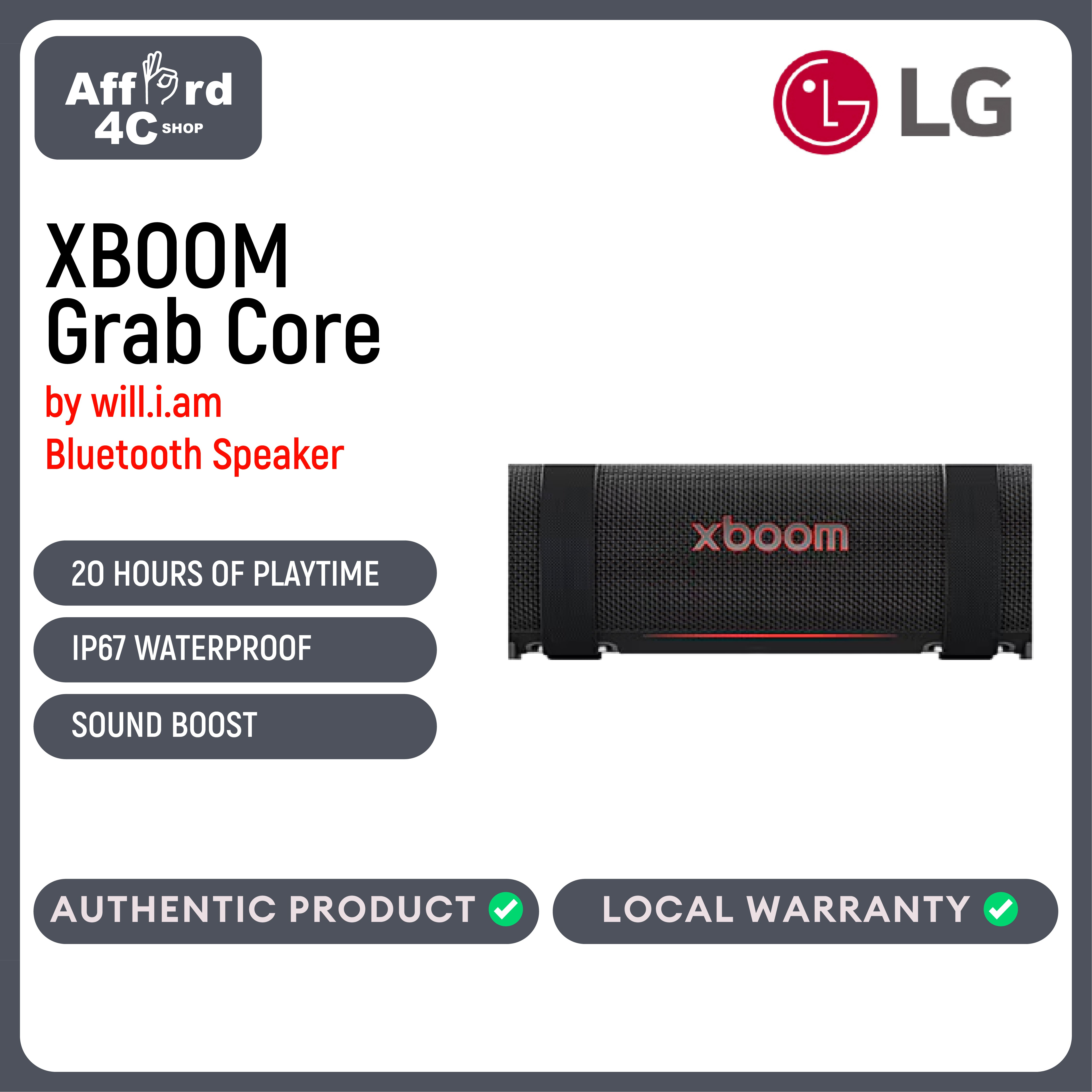 LG xboom Grab Core by will.i.am: portable outdoor Bluetooth speaker, 19‑hr playtime, IP67, straps.