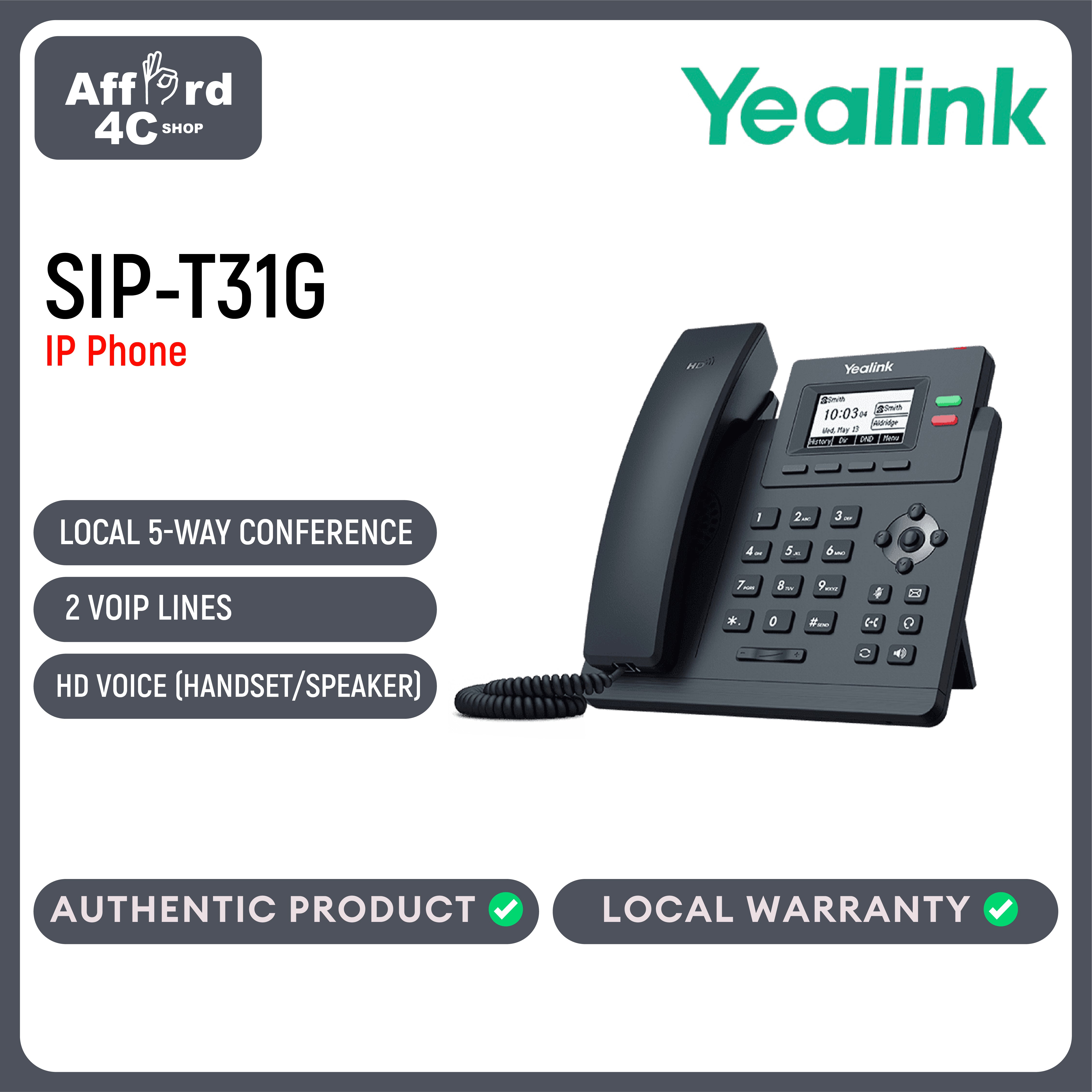 Yealink SIP-T31G IP Corded Desk Landline Phone HD Voice, 5-Way Local Conference, Unified Firmware