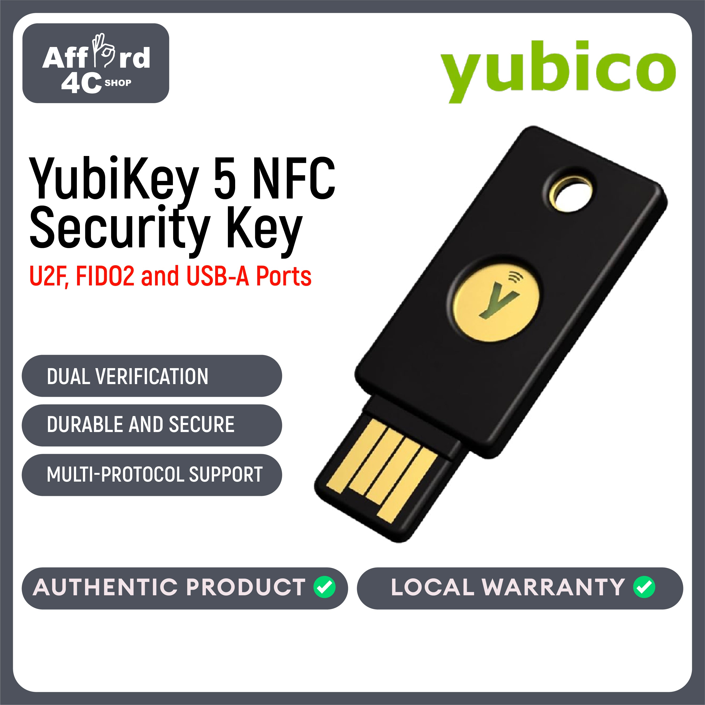Yubico YubiKey 5 NFC Security Key, U2F, FIDO2, USB-A Ports, Dual Verification, Heavy Duty, Shock Resistant, Waterproof - GTIN: 5060408461426