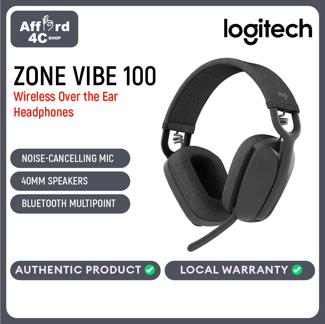 Logitech Zone Vibe 100 Lightweight Wireless Over Ear Headphones with Noise Canceling Microphone