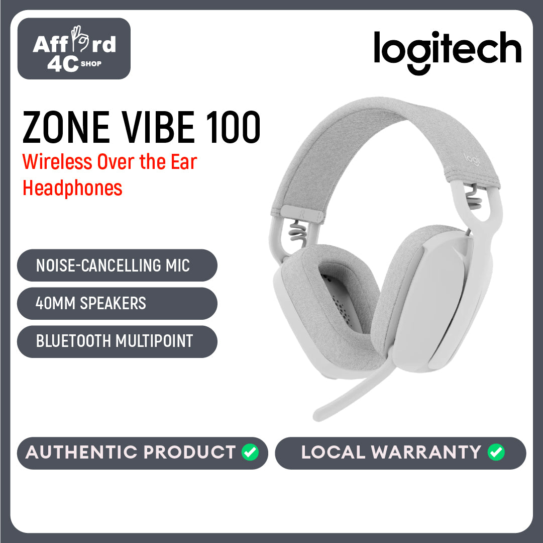 Logitech Zone Vibe 100 Lightweight Wireless Over Ear Headphones with Noise Canceling Microphone
