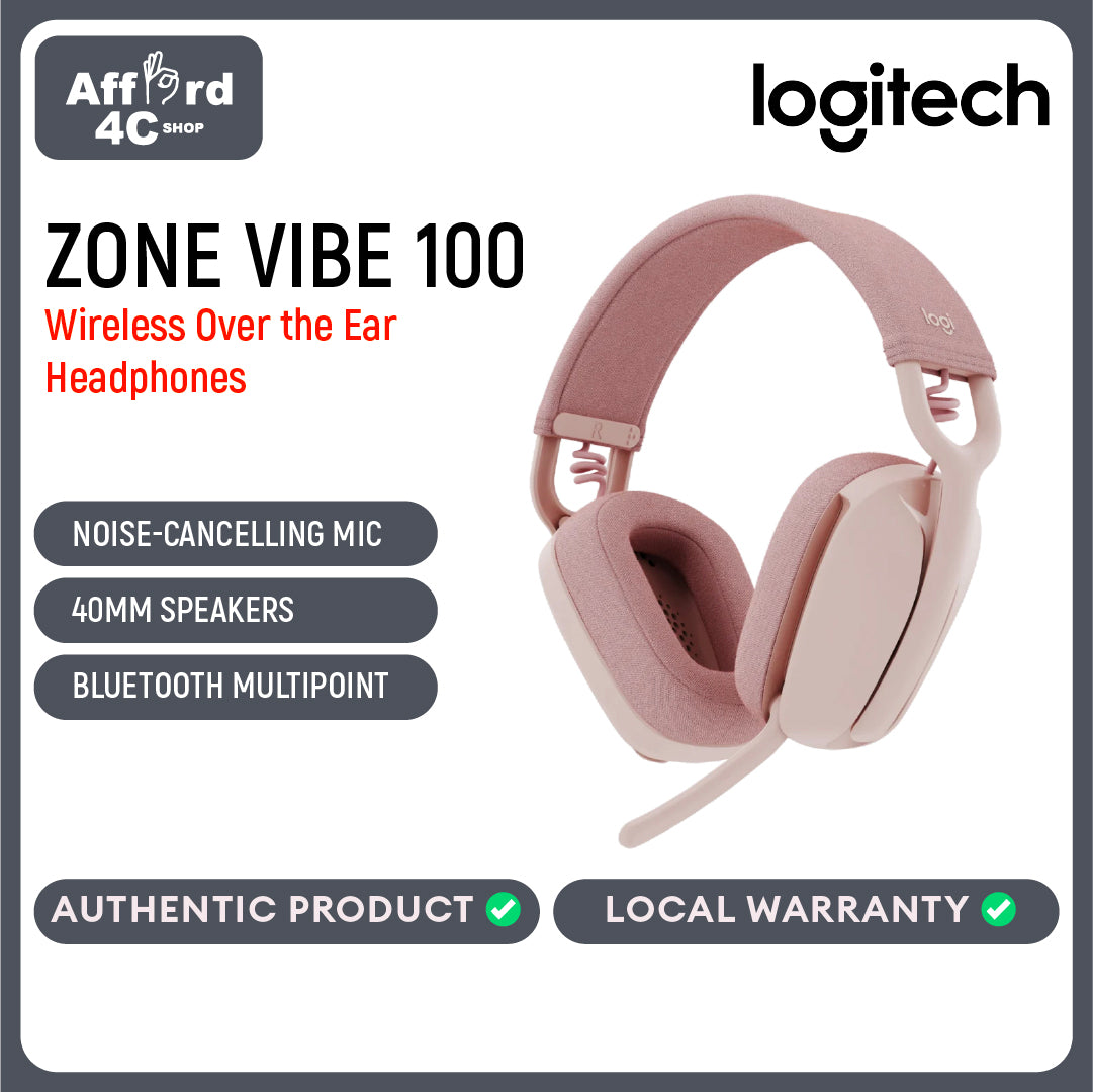 Logitech Zone Vibe 100 Lightweight Wireless Over Ear Headphones with Noise Canceling Microphone