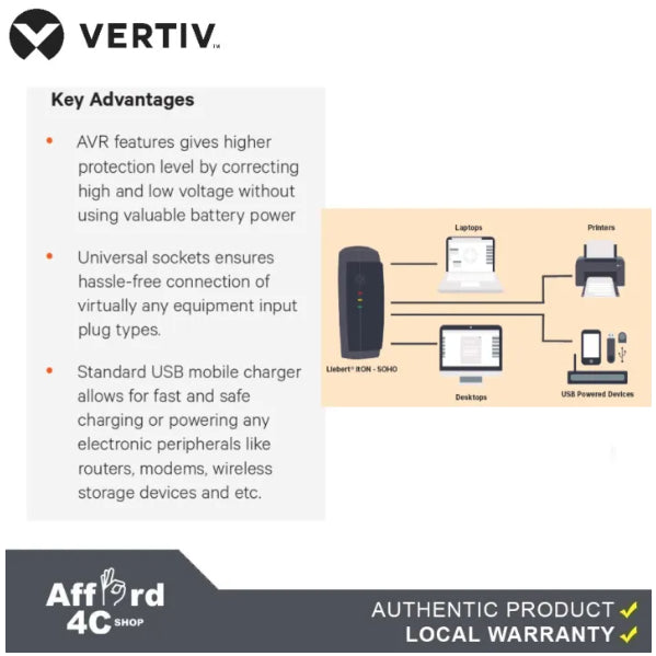 Vertiv™ Liebert® PSA itON SOHO 650VA/390W, 290V AVR Line interactive UPS with USB Port Mobile Charger, Built-in Boost and Buck AVR, Space for Large Power Plugs, and Fuse Protection