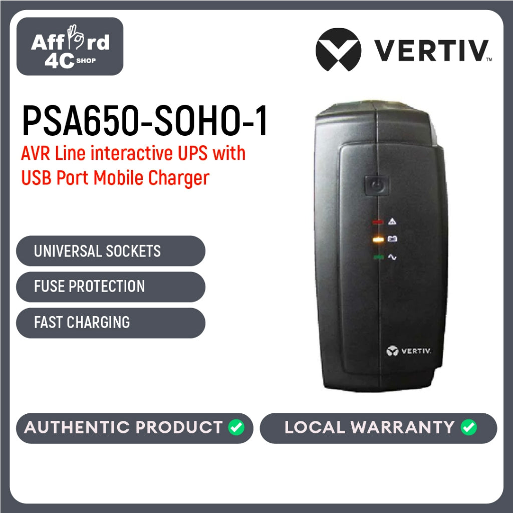 Vertiv™ Liebert® PSA itON SOHO 650VA/390W, 290V AVR Line interactive UPS with USB Port Mobile Charger, Built-in Boost and Buck AVR, Space for Large Power Plugs, and Fuse Protection
