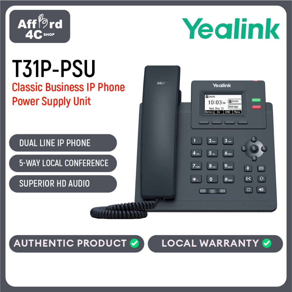 Yealink T31P IP Phone, 2 VoIP Accounts. 2.3-Inch Graphical Display. Dual-Port 10/100 Ethernet, 802.3af PoE