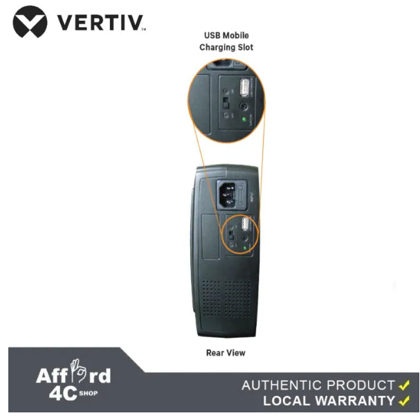 Vertiv™ Liebert® PSA itON SOHO 650VA/390W, 290V AVR Line interactive UPS with USB Port Mobile Charger, Built-in Boost and Buck AVR, Space for Large Power Plugs, and Fuse Protection