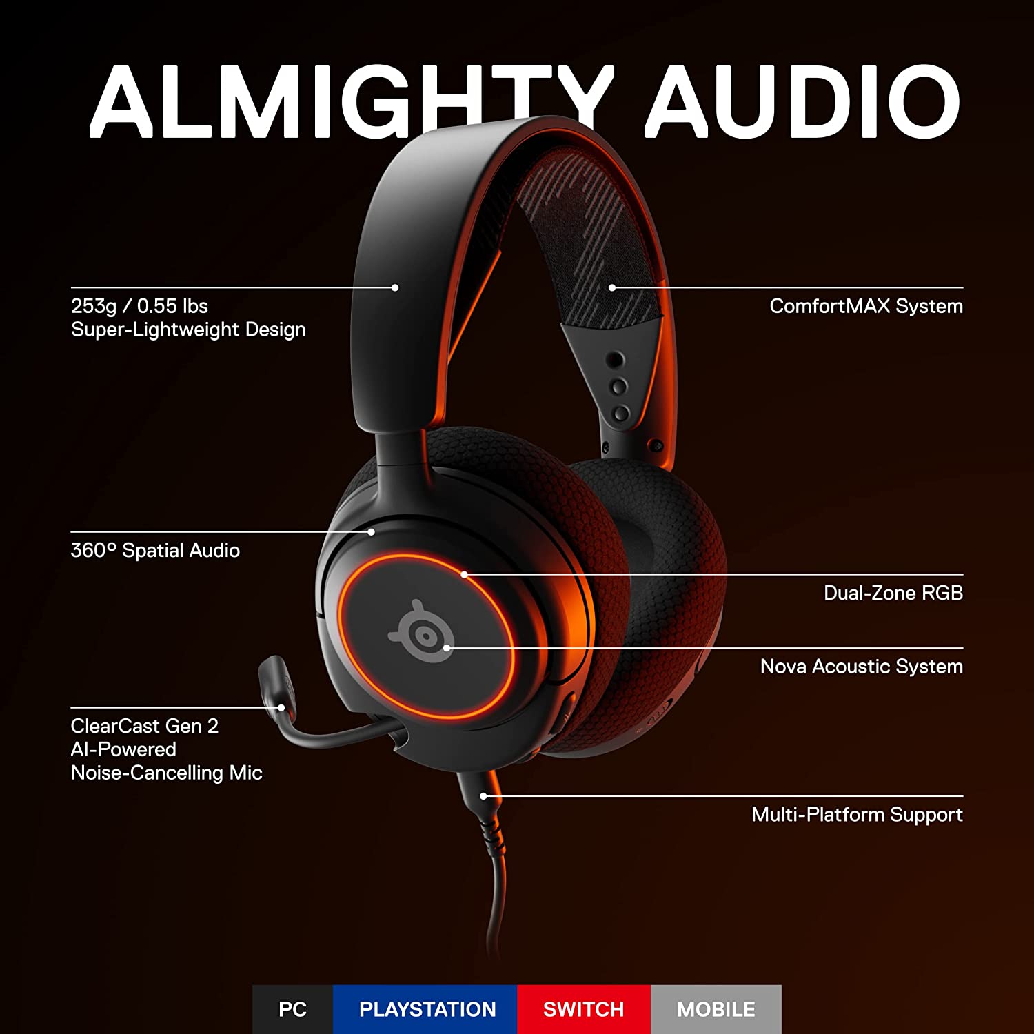 SteelSeries Arctis Nova 3 PrismSync RGB Lighting, AI Powered Noise Cancelling Wired Gaming Headset (61631)