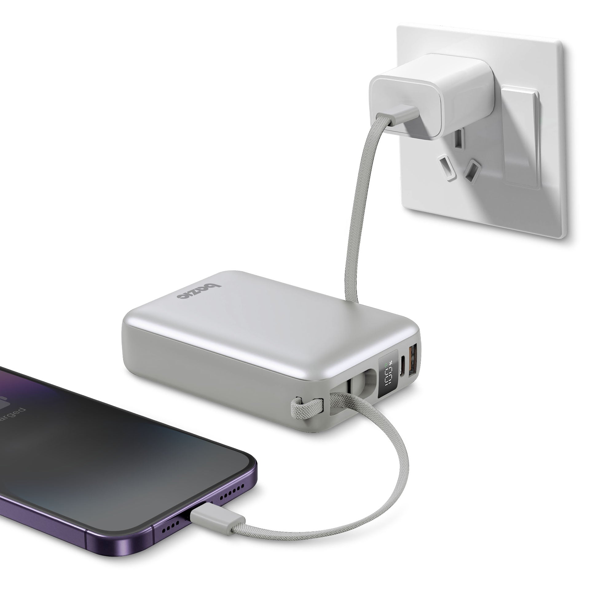 Bazic GoPower Fusion Mini 20K, 3In1 20000Mah Powerbank with Built-In USB-C and Lightning Cable