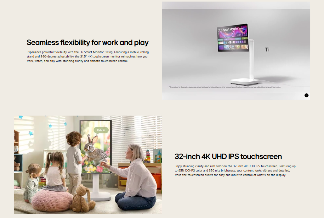 LG 32U889SA-W 32 Inch 4K UHD IPS Touchscreen Smart Monitor Swing with Rolling Stand