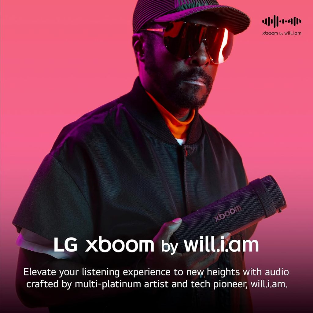 LG xboom Grab Core by will.i.am: portable outdoor Bluetooth speaker, 19‑hr playtime, IP67, straps.