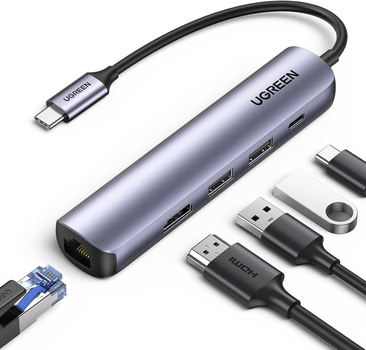 UGREEN USB C Hub 60Hz, 5-in-1 Gigabit Ethernet Adapter with 4K HDMI, PD 100W Fast Charging and 2 USB 3.0, Type C Multiport Adapter Compatible with MacBook, iPad Pro, Dell, HP, Surface, Chromebook