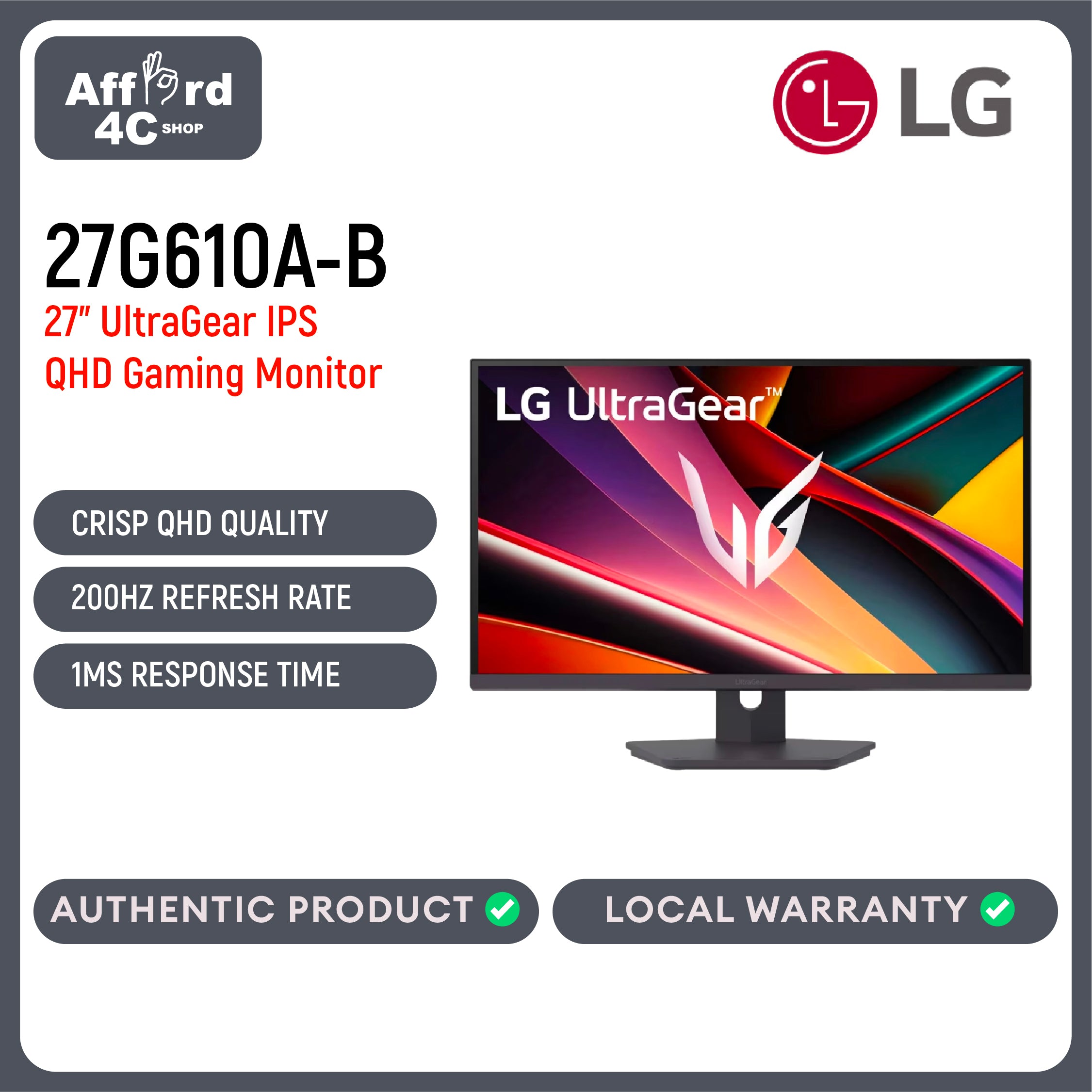 LG 27G610A-B 27 Inch UltraGear™ IPS QHD 1440p 200Hz 1ms Gaming Monitor