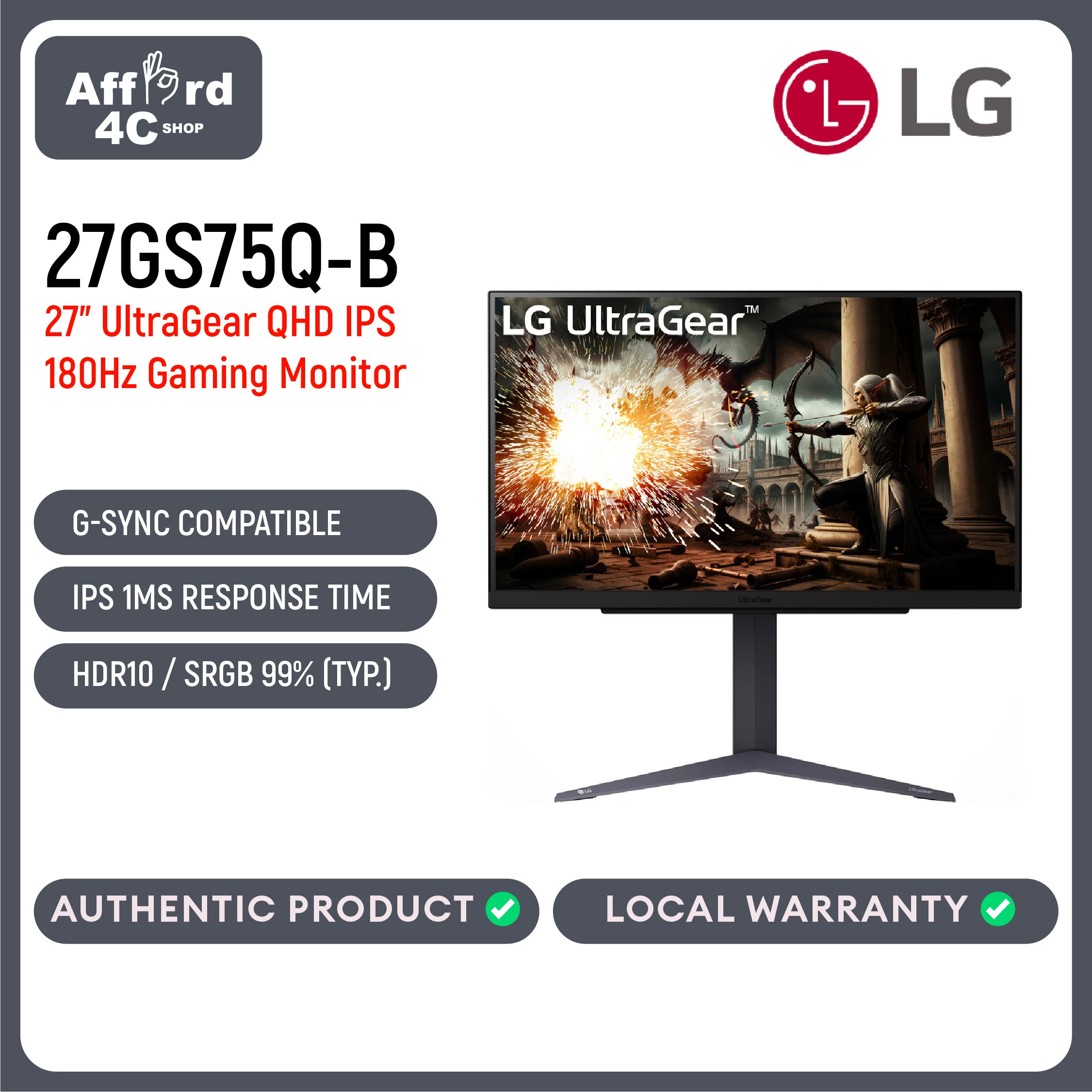 LG 27GS75Q-B 27" UltraGear Gaming Monitor 1440p, 180Hz, 1ms Response Time, IPS Display, HDR 10, NVIDIA G-Sync & AMD FreeSync compatible, Smart Energy Saving, DisplayPort, HDMI