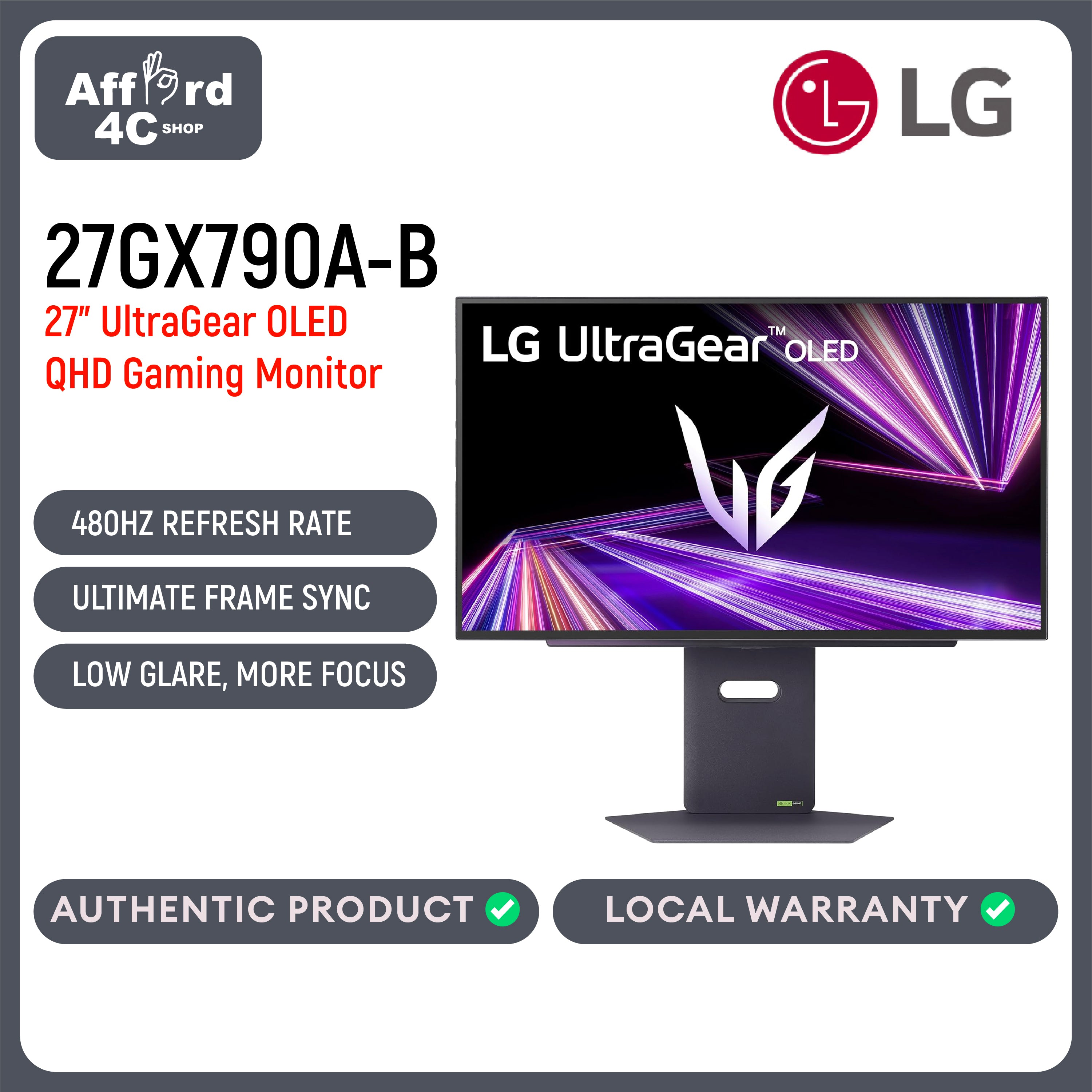 LG 27GX790A-B 27" UltraGear OLED Gaming Monitor QHD 1440p 480Hz, 0.03ms, DisplayPort 2.1, True Black 400, NVIDIA G-Sync, AMD FreeSync Premium Pro, HDMI, USB, Tilt/Height/Swivel/Pivot Stand, Black
