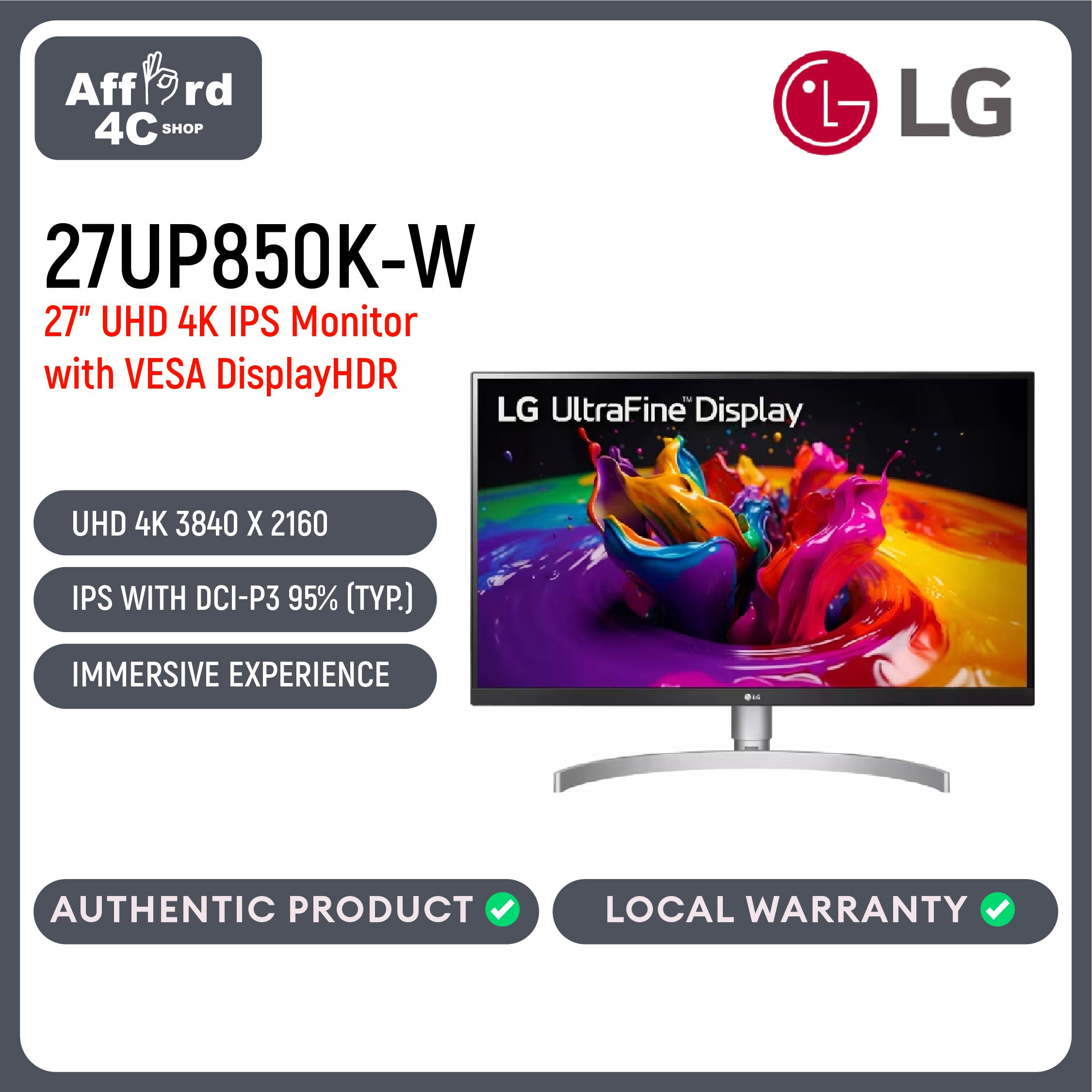 LG 27UP850K-W 27" UltraFine™ IPS Monitor with VESA DisplayHDR™ 400 and USB Type-C™