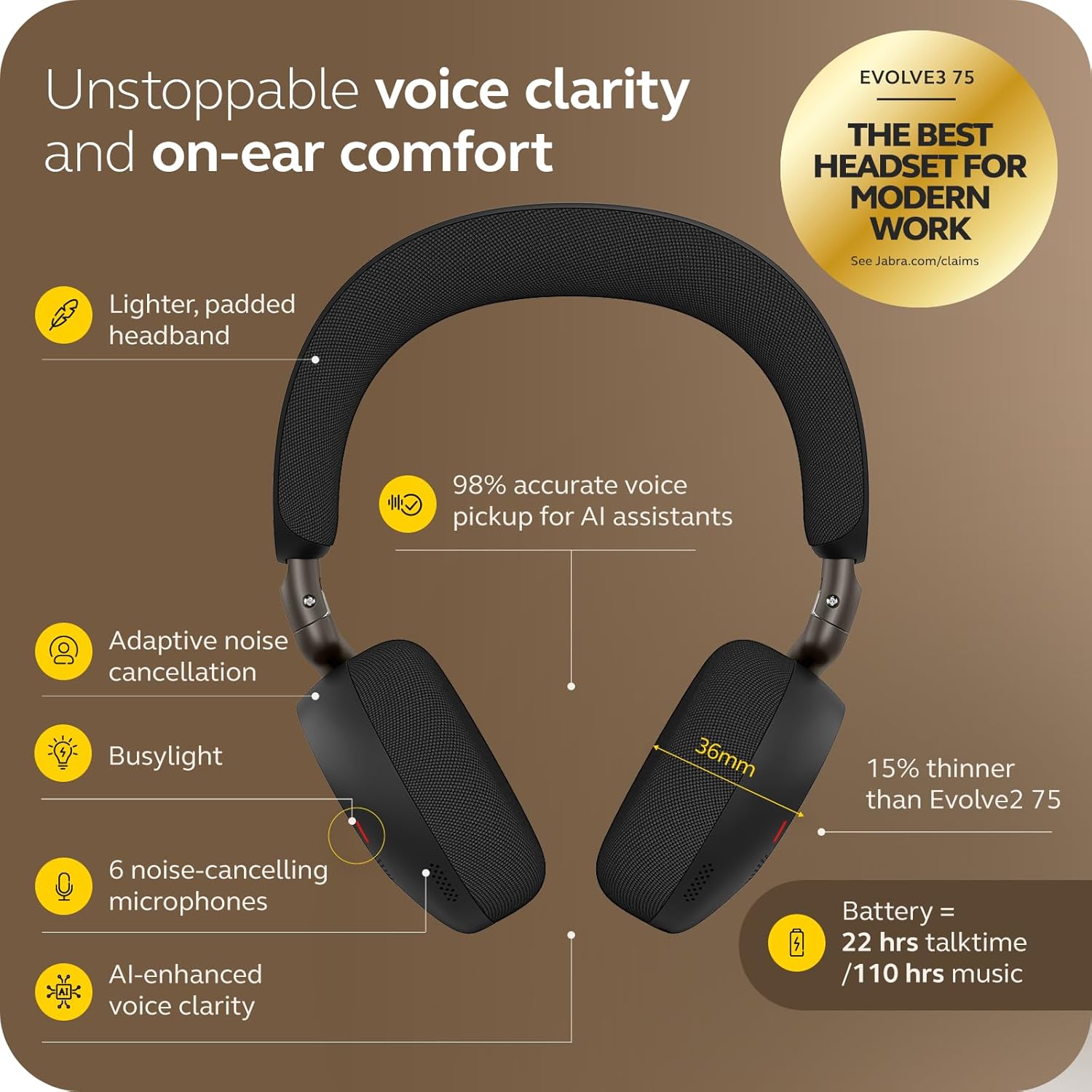 Jabra Evolve3 75 On-Ear USB-C Wireless Bluetooth Headset with Mic and Wireless Charging Stand for Work, AI Voice Call Technology, Advanced ANC, 22-Hour Battery, Works with Online Meeting Apps