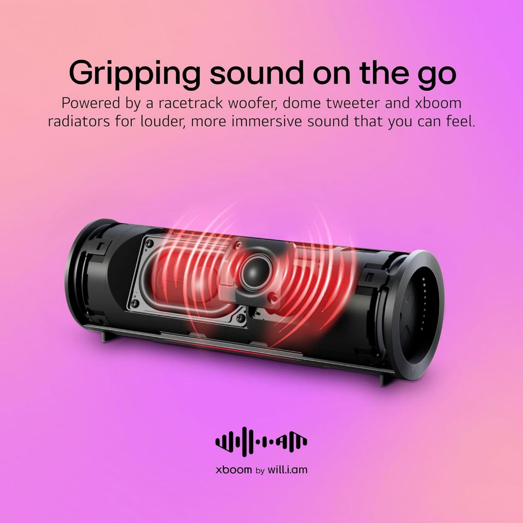 LG xboom Grab Core by will.i.am: portable outdoor Bluetooth speaker, 19‑hr playtime, IP67, straps.