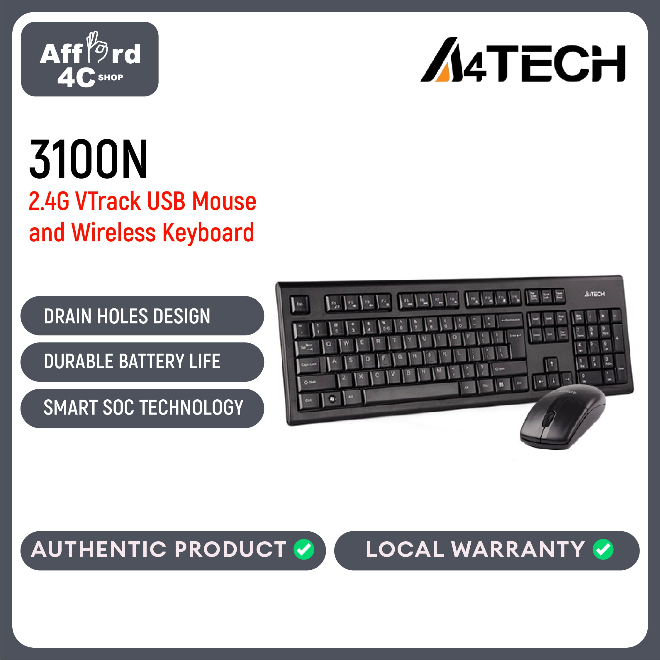 A4Tech 2.4G VTrack USB Mouse and Wireless Keyboard (3100N)