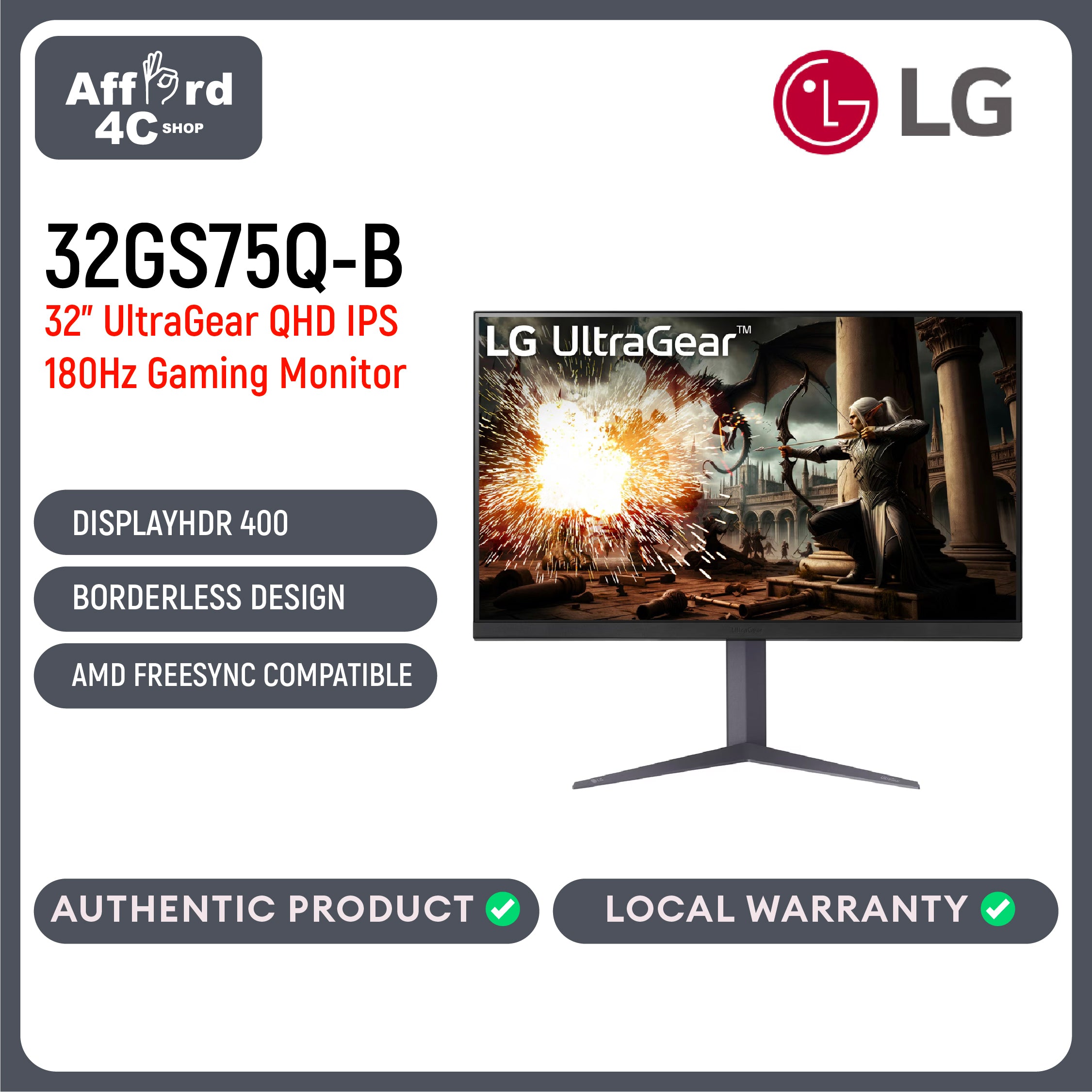 LG 32GS75Q-B 32" UltraGear™ QHD 180Hz 1ms G-Sync Compatible DisplayHDR™ 400 IPS Gaming