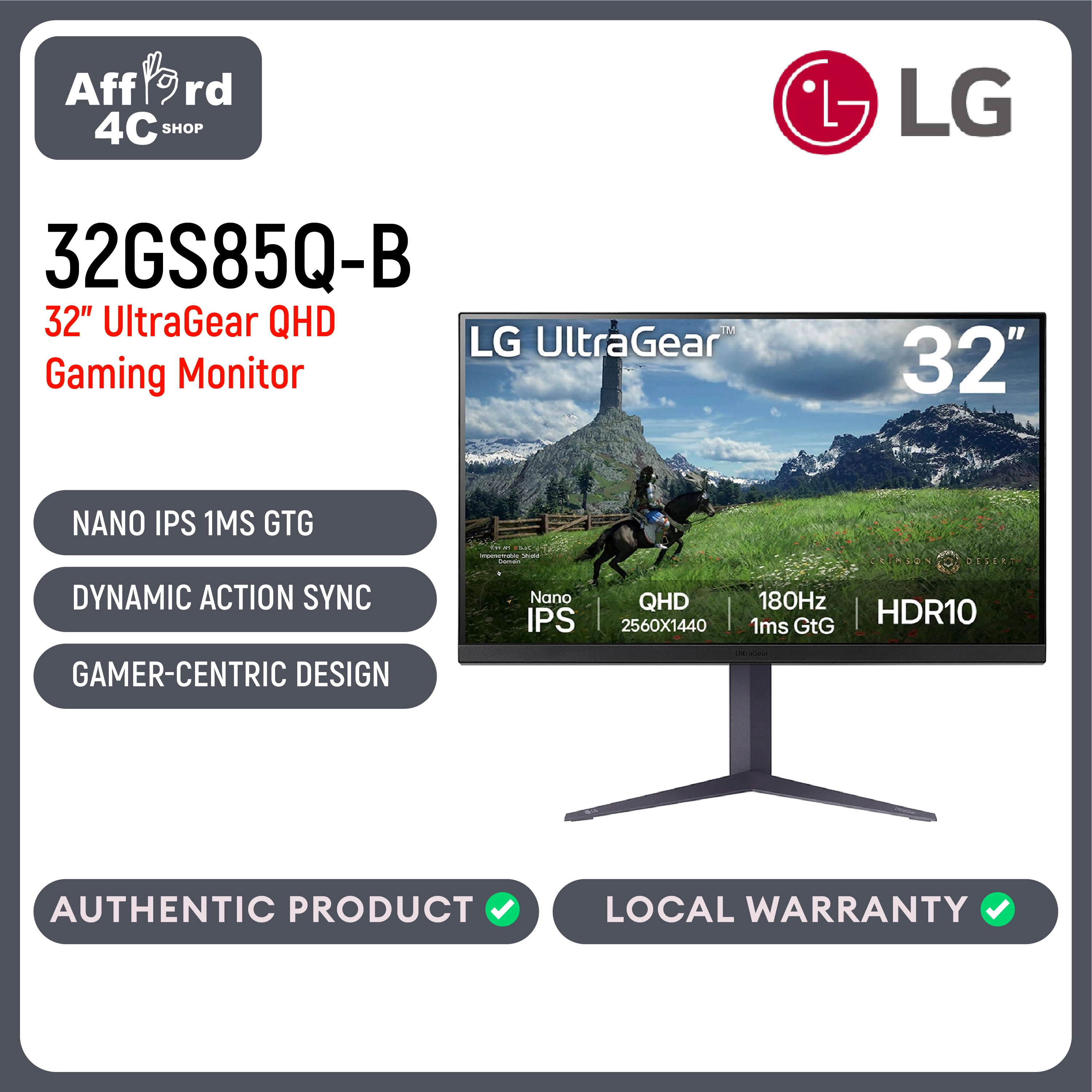 LG 32GS85Q-B 32" QHD (2560x1440) Nano IPS UltraGear Gaming Monitor, 180Hz, 1ms, NVIDIA G-SYNC Compatible, AMD FreeSync, HDR10, Tilt/Height/Pivot Stand, HDMI X 2, Display Port, HP Out